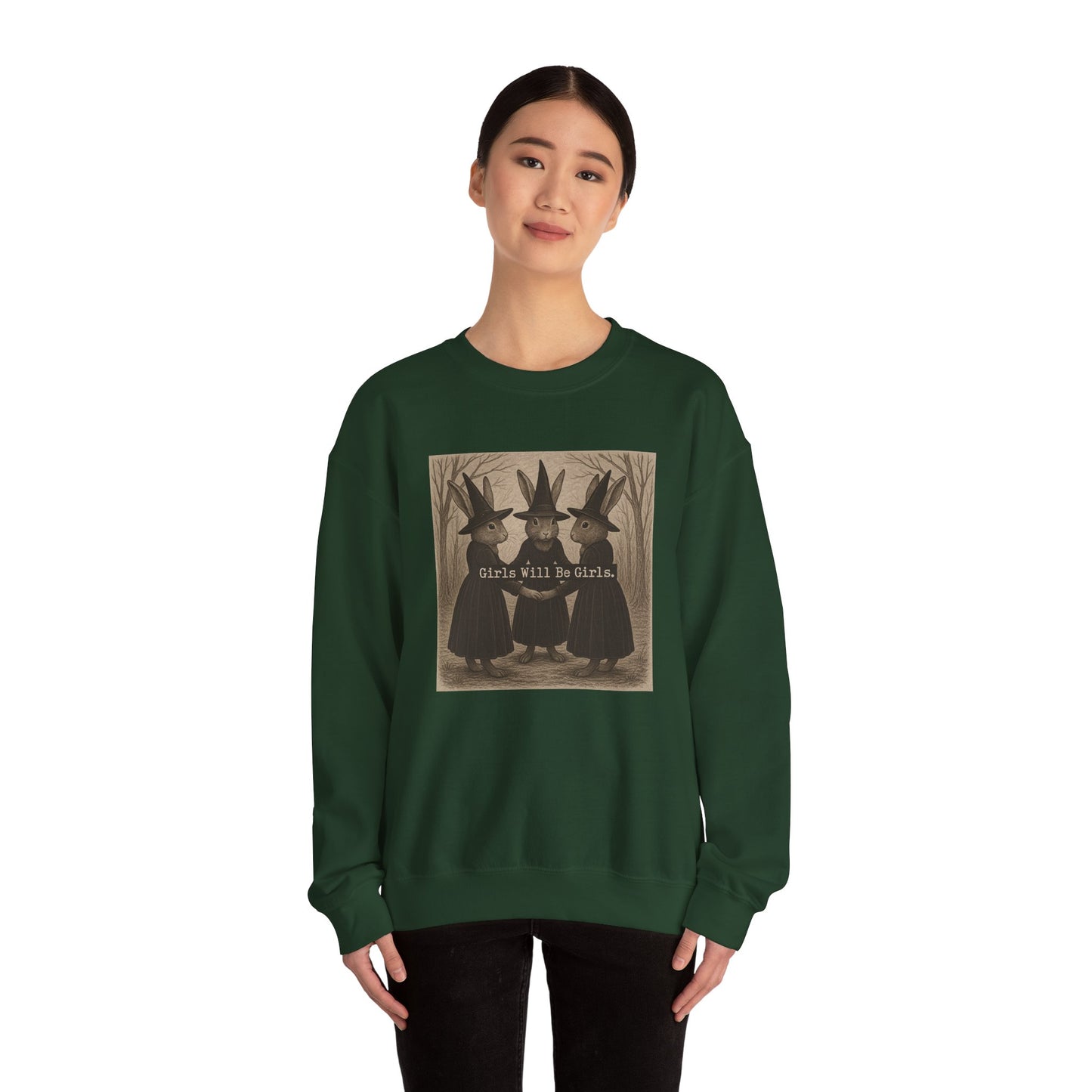 Girls Will Be Girls – Witchy Rabbit Crewneck Sweatshirt | Cozy Whimsical Rabbit Sweatshirt for Girls & Women - Halloween & Fall Collection