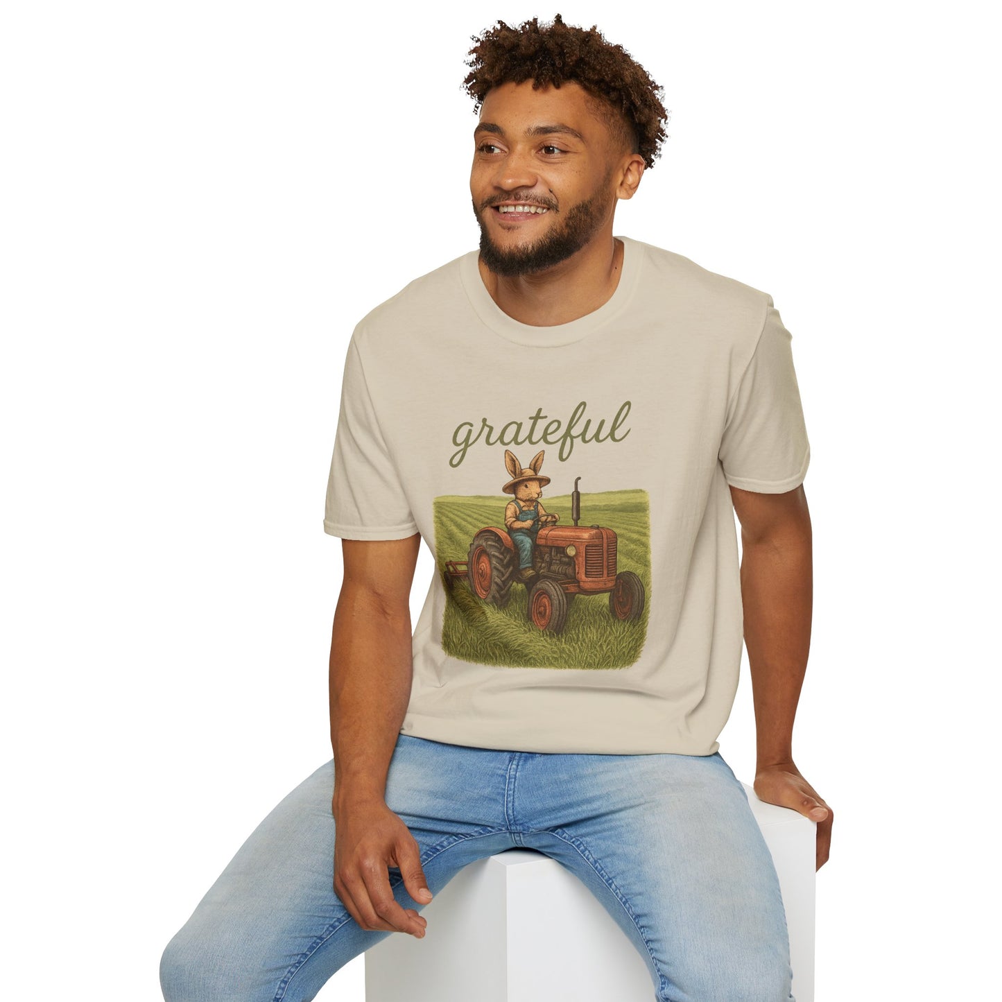 Grateful Acres Tractor Bunny Tee - Unisex Softstyle T-Shirt - Country Apparel - Farm Life Tee - Gift for Farmers & Rabbit Owners
