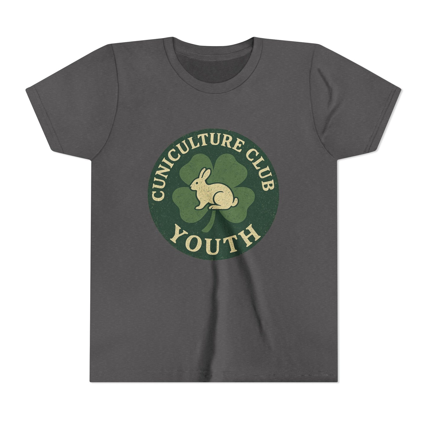 Cuniculture Club Youth Unisex T-Shirt – Distressed Clover & Bunny Emblem Tee - Fun Farm Kids Rabbit Club Shirt