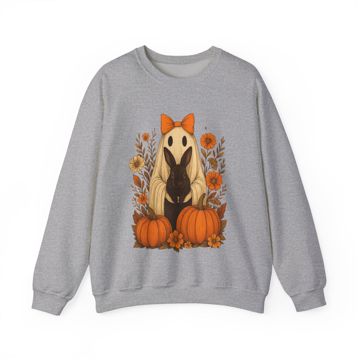 Vintage Black Rabbit with Pumpkins & Florals - Ghostly Garden Bunny Halloween Sweatshirt – Autumn Ghost Crewneck - Cozy Cute Gift