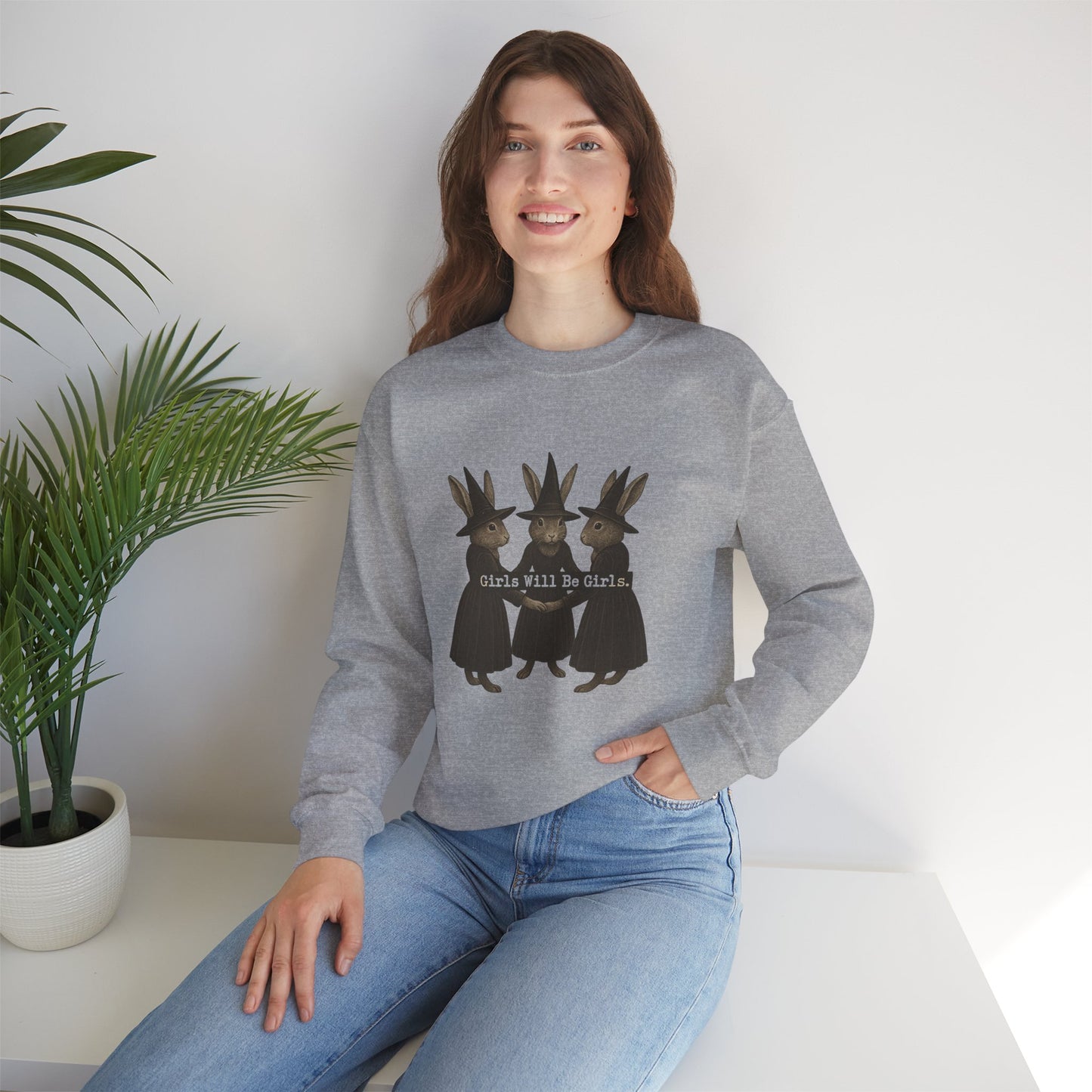 Girls Will Be Girls Witchy Rabbit Sweatshirt | Whimsical Bunny Witch Sisterhood Crewneck - Halloween & Fall Collection