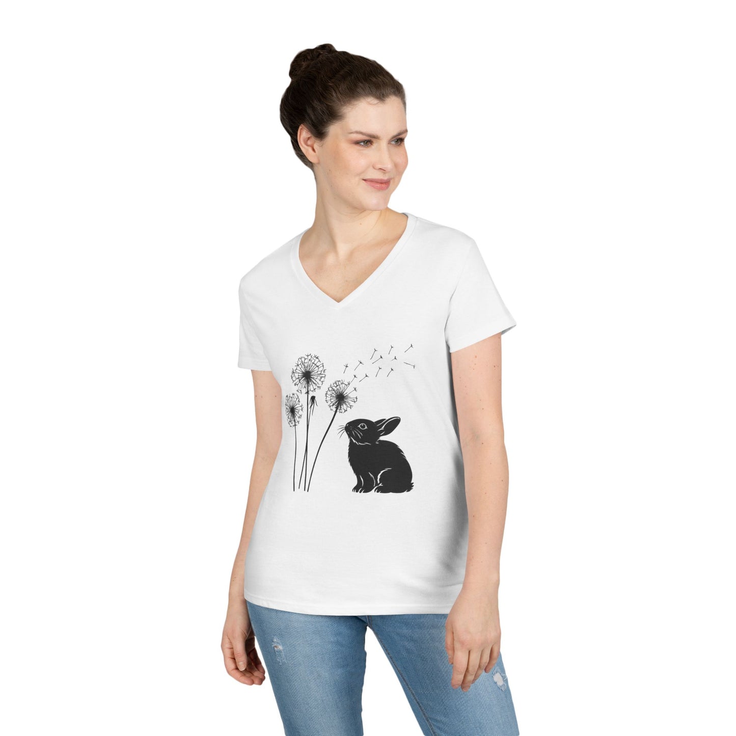 Wishful Whiskers Bunny & Dandelion V-Neck Tee – Cuniculture Club Original Whimsical Rabbit Shirt - Floral Dandelion Fashion - Nature Lover Gift