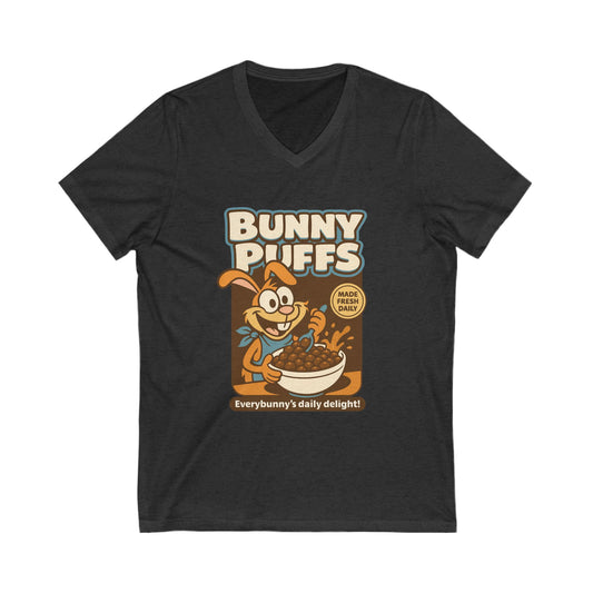 Bunny Puffs Cereal Parody | Retro Rabbit V-Neck Tee - Funny Unisex T-Shirt - Vintage Style Shirt - Gift Idea