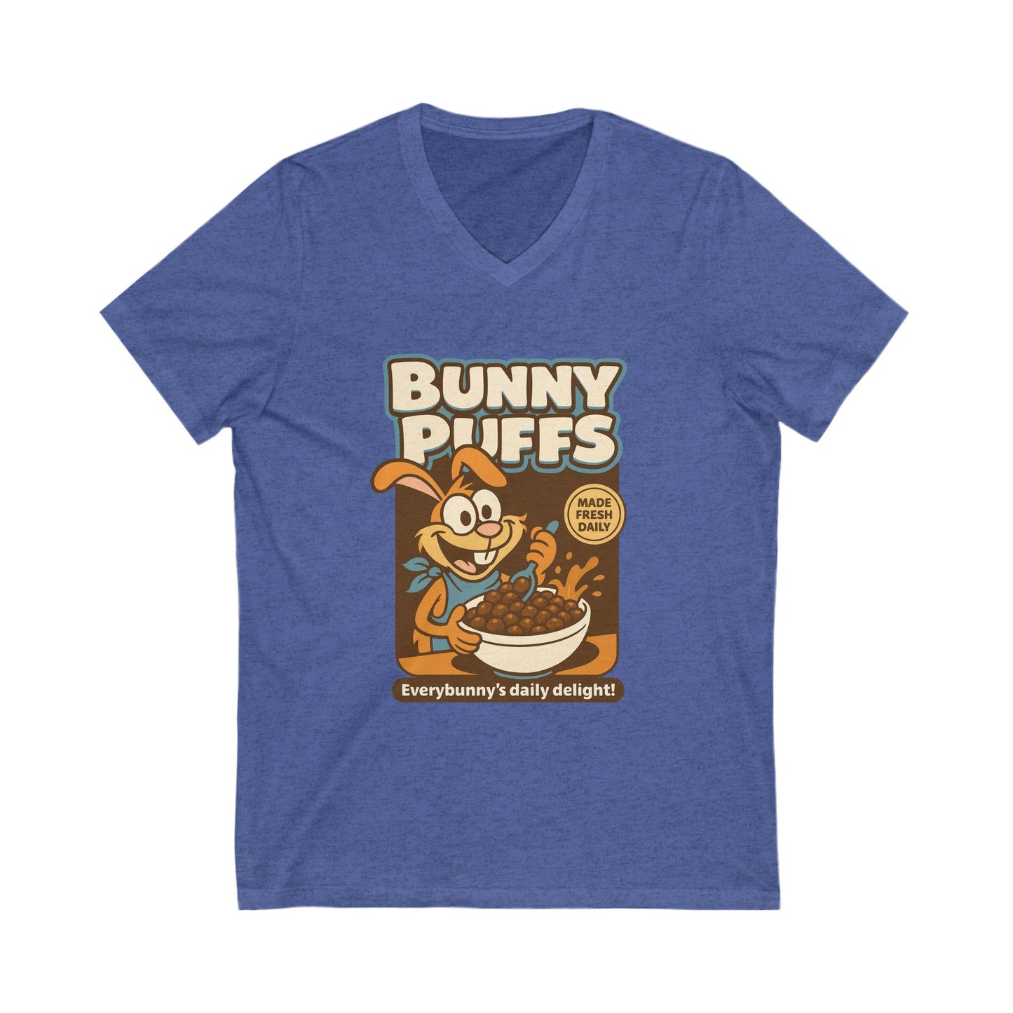 Bunny Puffs Cereal Parody | Retro Rabbit V-Neck Tee - Funny Unisex T-Shirt - Vintage Style Shirt - Gift Idea