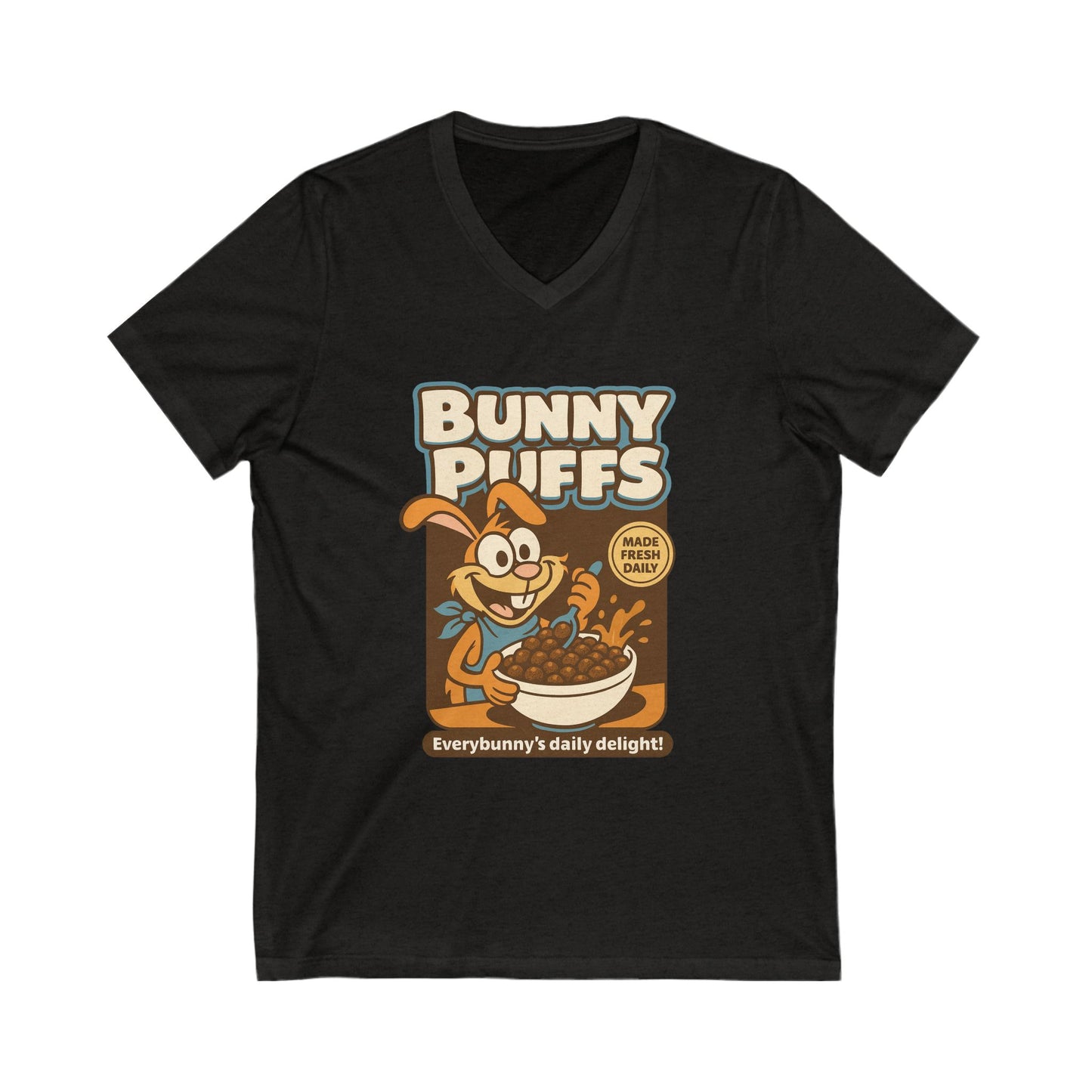 Bunny Puffs Cereal Parody | Retro Rabbit V-Neck Tee - Funny Unisex T-Shirt - Vintage Style Shirt - Gift Idea