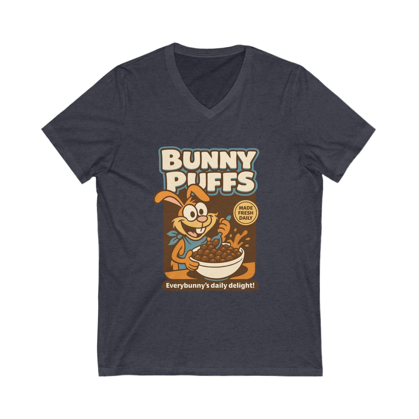 Bunny Puffs Cereal Parody | Retro Rabbit V-Neck Tee - Funny Unisex T-Shirt - Vintage Style Shirt - Gift Idea
