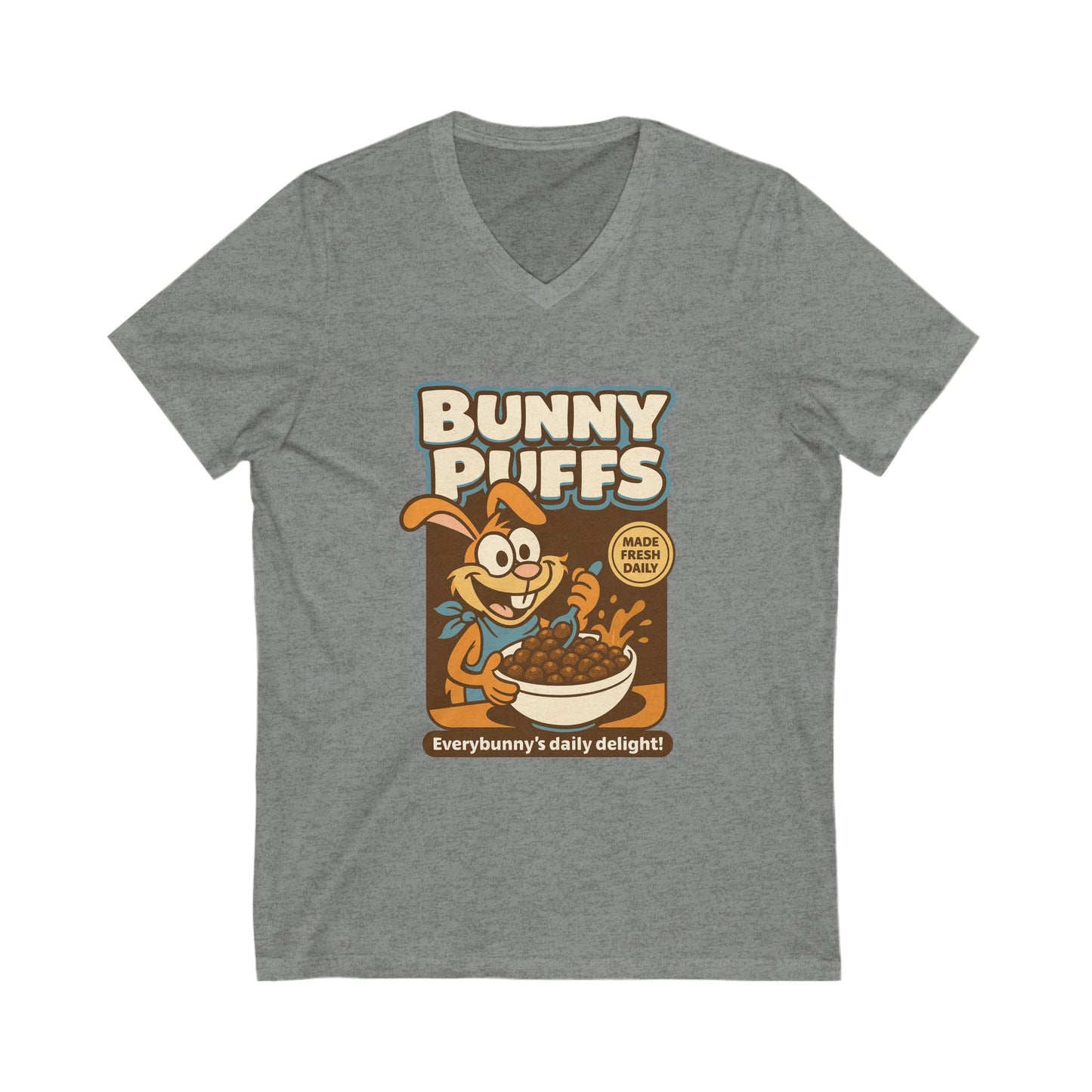 Bunny Puffs Cereal Parody | Retro Rabbit V-Neck Tee - Funny Unisex T-Shirt - Vintage Style Shirt - Gift Idea