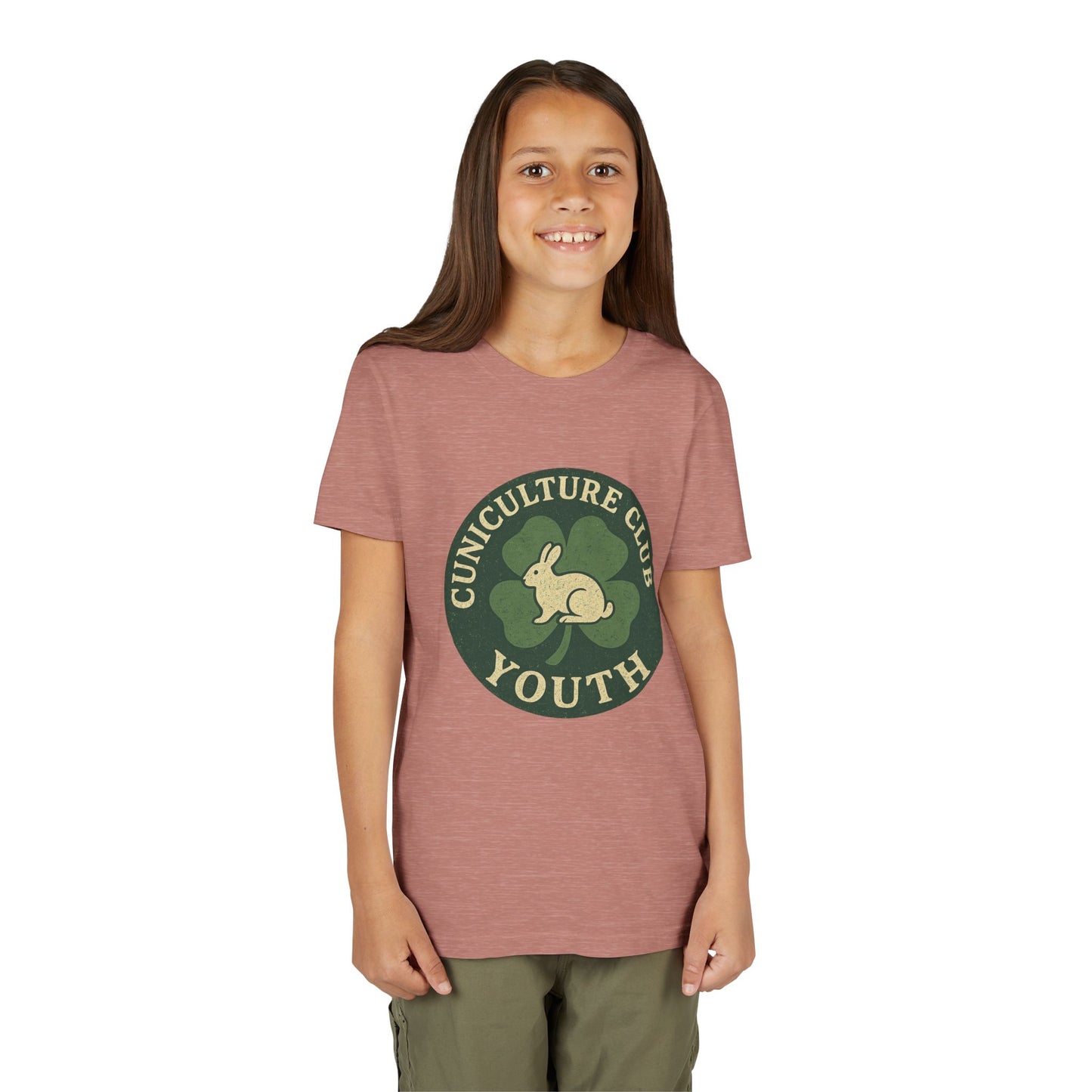 Cuniculture Club Youth Unisex T-Shirt – Distressed Clover & Bunny Emblem Tee - Fun Farm Kids Rabbit Club Shirt