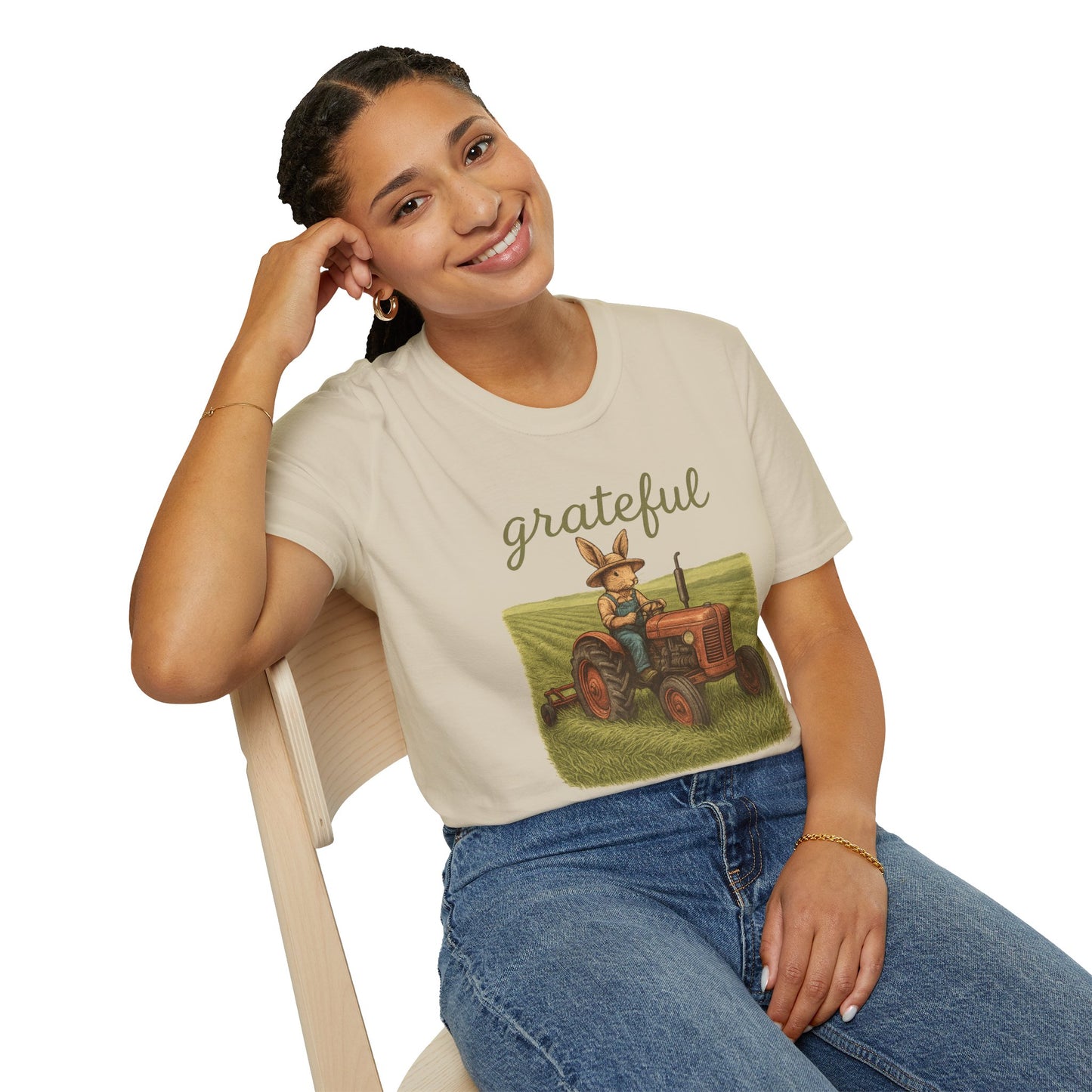 Grateful Acres Tractor Bunny Tee - Unisex Softstyle T-Shirt - Country Apparel - Farm Life Tee - Gift for Farmers & Rabbit Owners