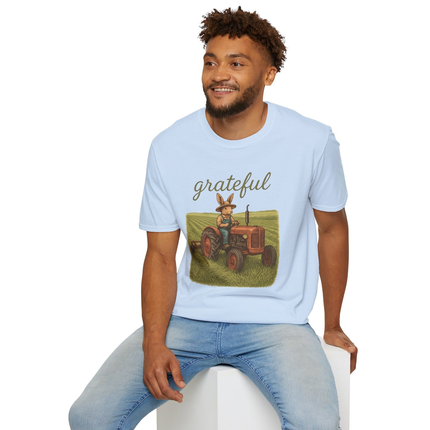 Grateful Acres Tractor Bunny Tee - Unisex Softstyle T-Shirt - Country Apparel - Farm Life Tee - Gift for Farmers & Rabbit Owners
