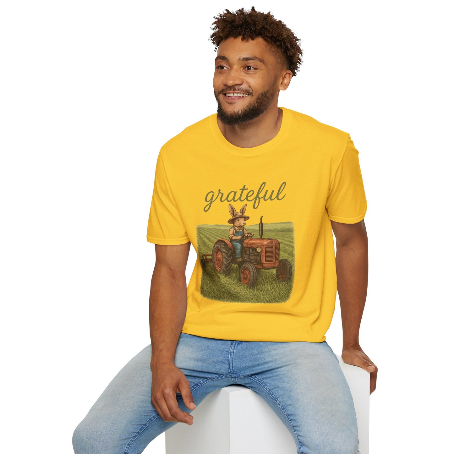 Grateful Acres Tractor Bunny Tee - Unisex Softstyle T-Shirt - Country Apparel - Farm Life Tee - Gift for Farmers & Rabbit Owners
