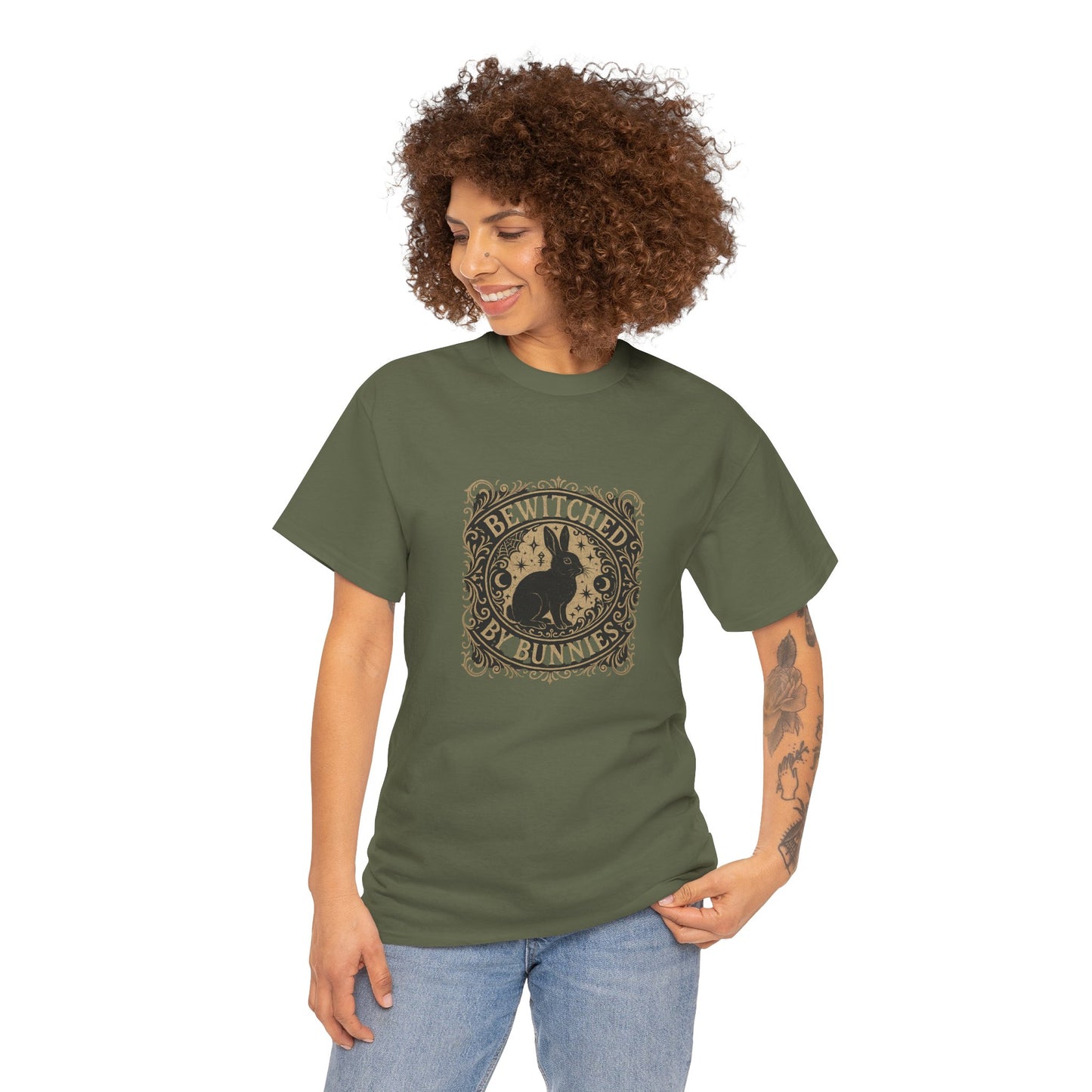 Bewitched by Bunnies Unisex Heavy Cotton T-Shirt – Enchanted Rabbit Halloween & Fall Graphic Tee | Bunny Lovers Gift