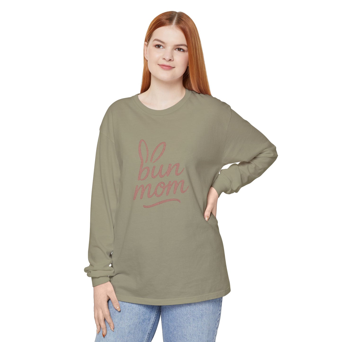 Bun Mom Long Sleeve T-Shirt | Rabbit Ears Vintage Dusty Rose Ink Script Tee - Bunny Lovers Gift Idea