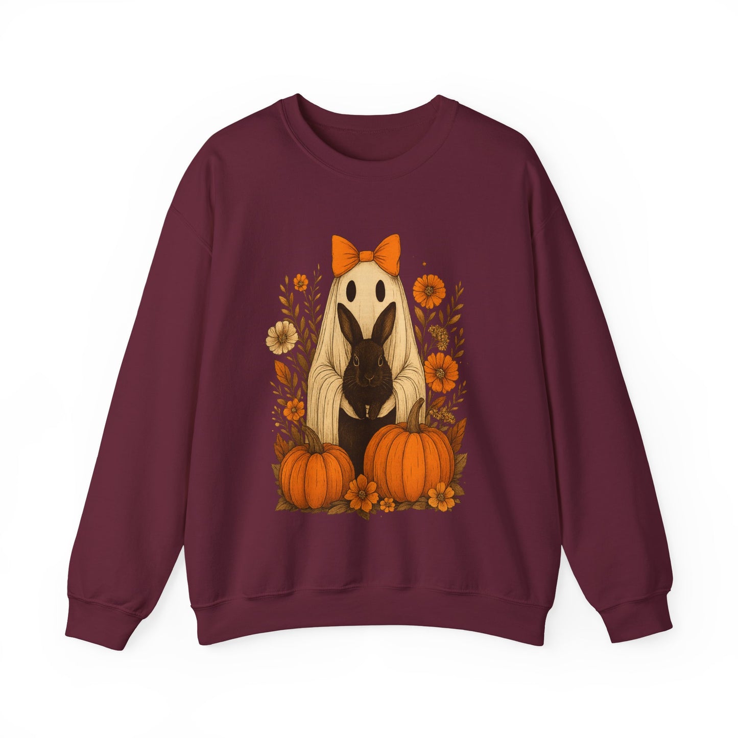 Vintage Black Rabbit with Pumpkins & Florals - Ghostly Garden Bunny Halloween Sweatshirt – Autumn Ghost Crewneck - Cozy Cute Gift