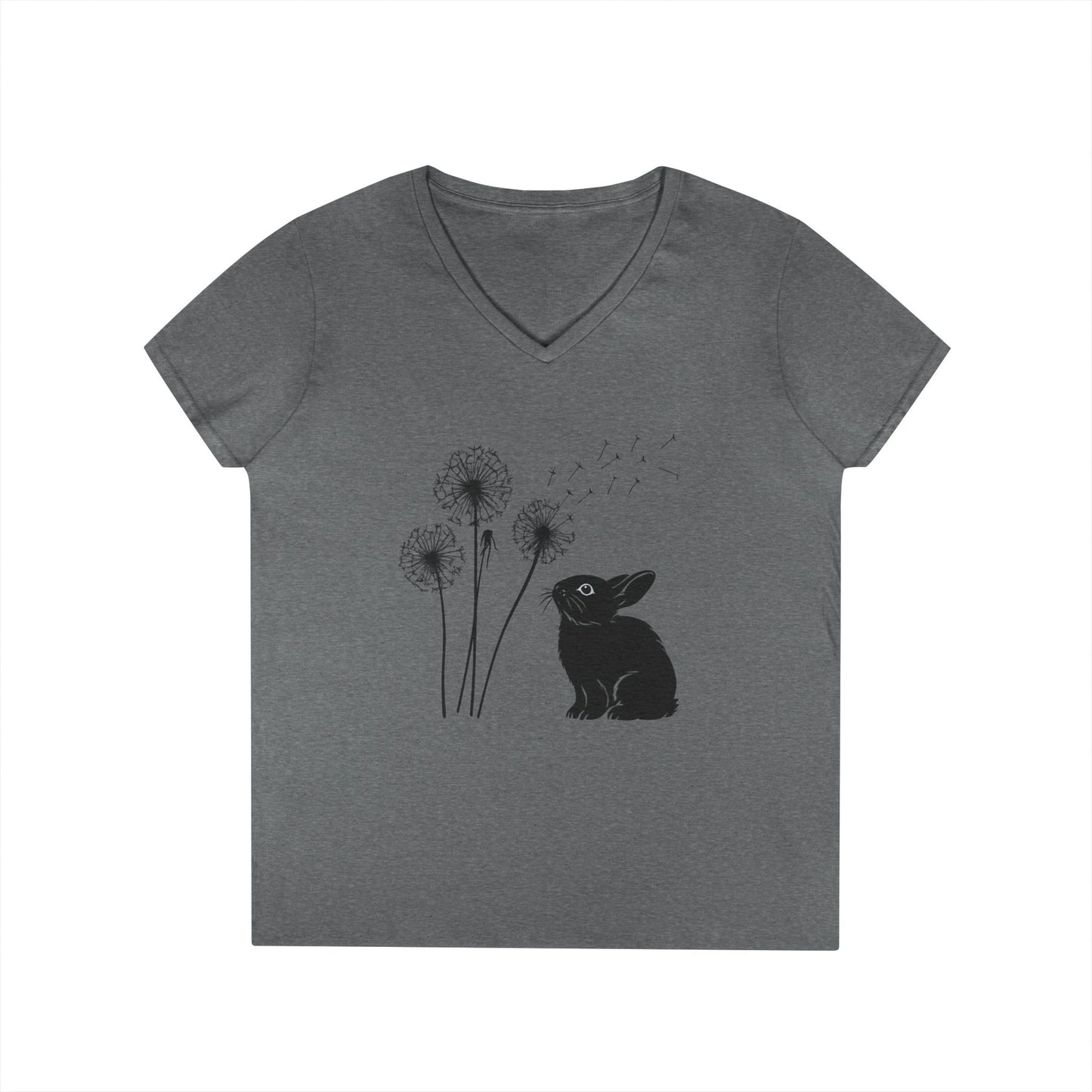 Wishful Whiskers Bunny & Dandelion V-Neck Tee – Cuniculture Club Original Whimsical Rabbit Shirt - Floral Dandelion Fashion - Nature Lover Gift