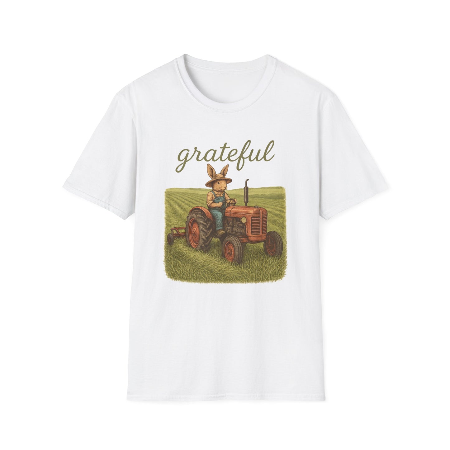 Grateful Acres Tractor Bunny Tee - Unisex Softstyle T-Shirt - Country Apparel - Farm Life Tee - Gift for Farmers & Rabbit Owners