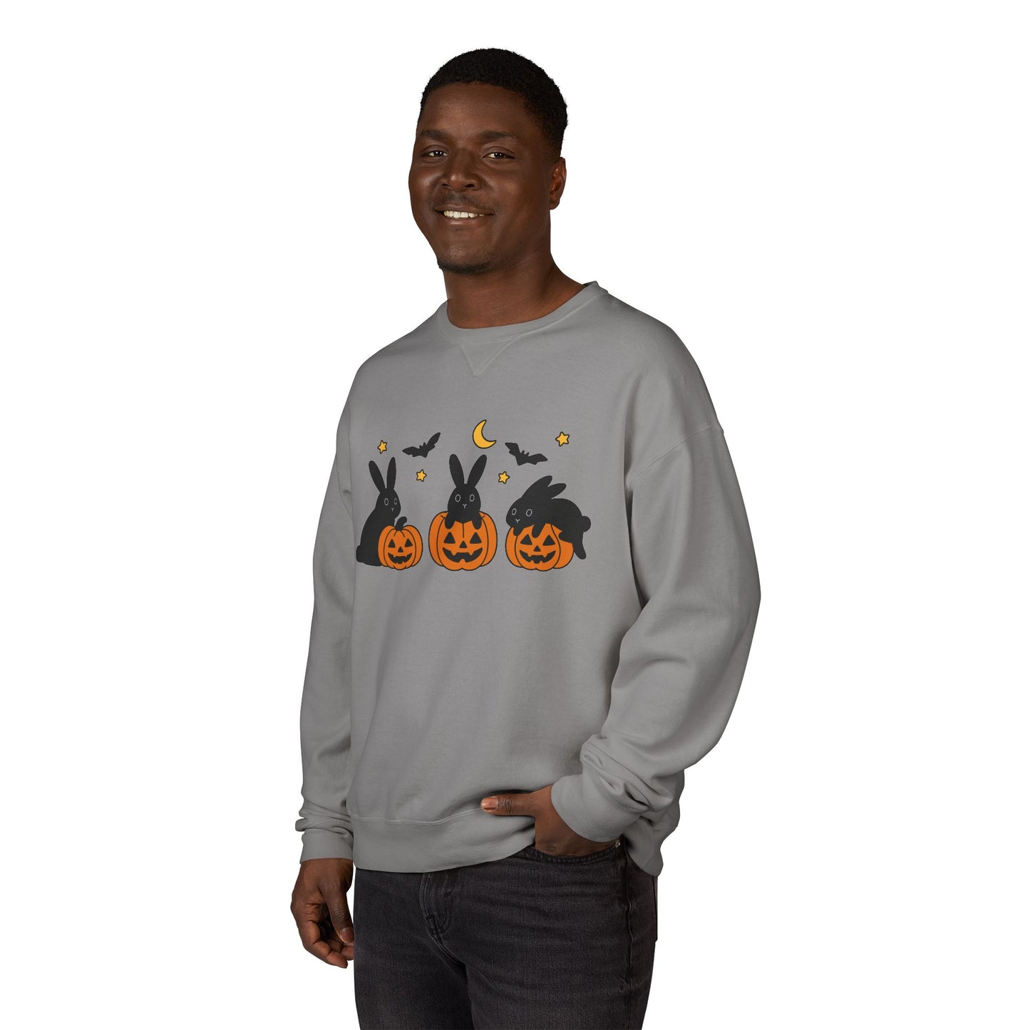 Pumpkin Patch Bunnies Halloween Sweatshirt – Rabbit & Jack-o’-Lantern Crewneck | Cozy Fall Fashion Unisex Apparel - Spooky Season Gift
