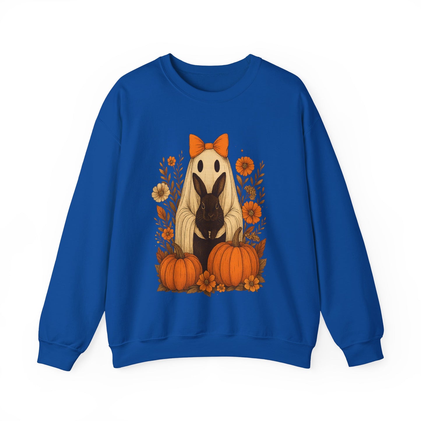 Vintage Black Rabbit with Pumpkins & Florals - Ghostly Garden Bunny Halloween Sweatshirt – Autumn Ghost Crewneck - Cozy Cute Gift