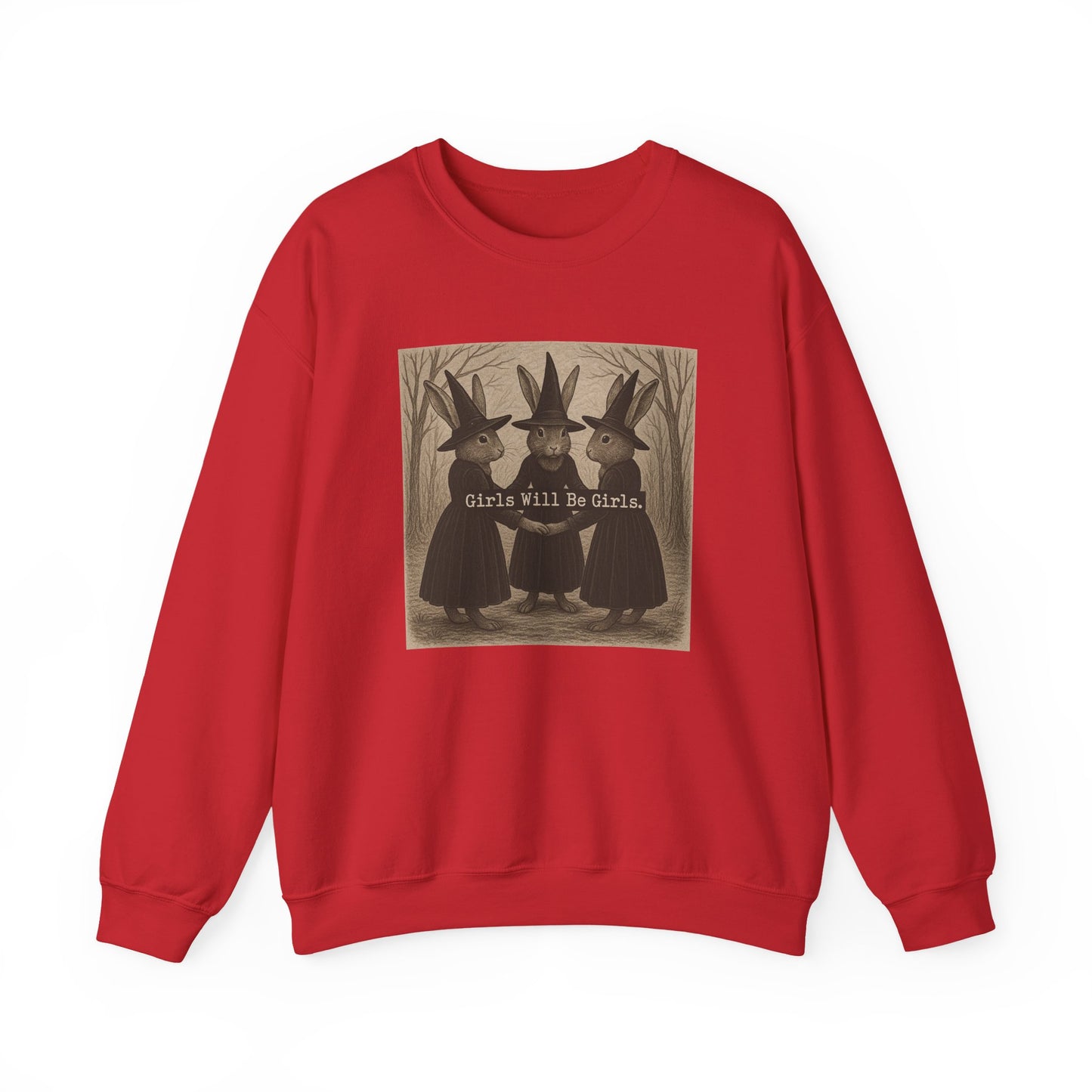 Girls Will Be Girls – Witchy Rabbit Crewneck Sweatshirt | Cozy Whimsical Rabbit Sweatshirt for Girls & Women - Halloween & Fall Collection