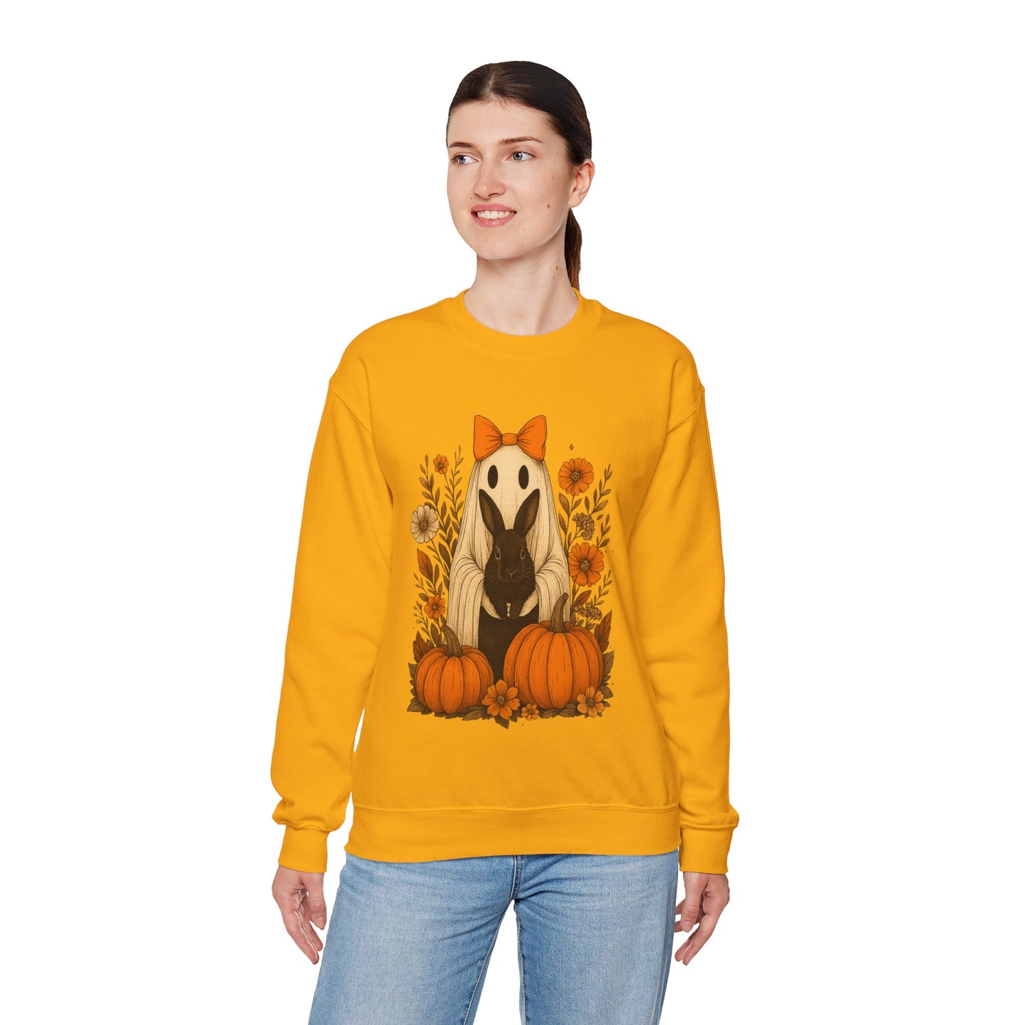 Vintage Black Rabbit with Pumpkins & Florals - Ghostly Garden Bunny Halloween Sweatshirt – Autumn Ghost Crewneck - Cozy Cute Gift