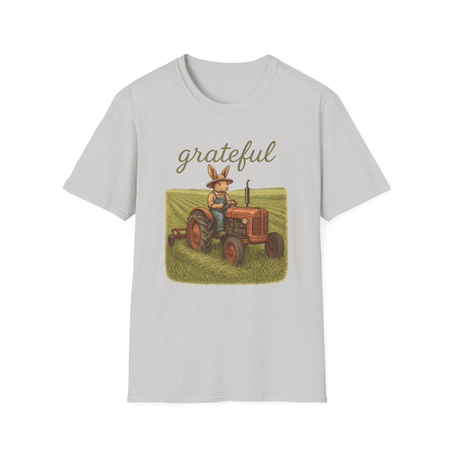 Grateful Acres Tractor Bunny Tee - Unisex Softstyle T-Shirt - Country Apparel - Farm Life Tee - Gift for Farmers & Rabbit Owners