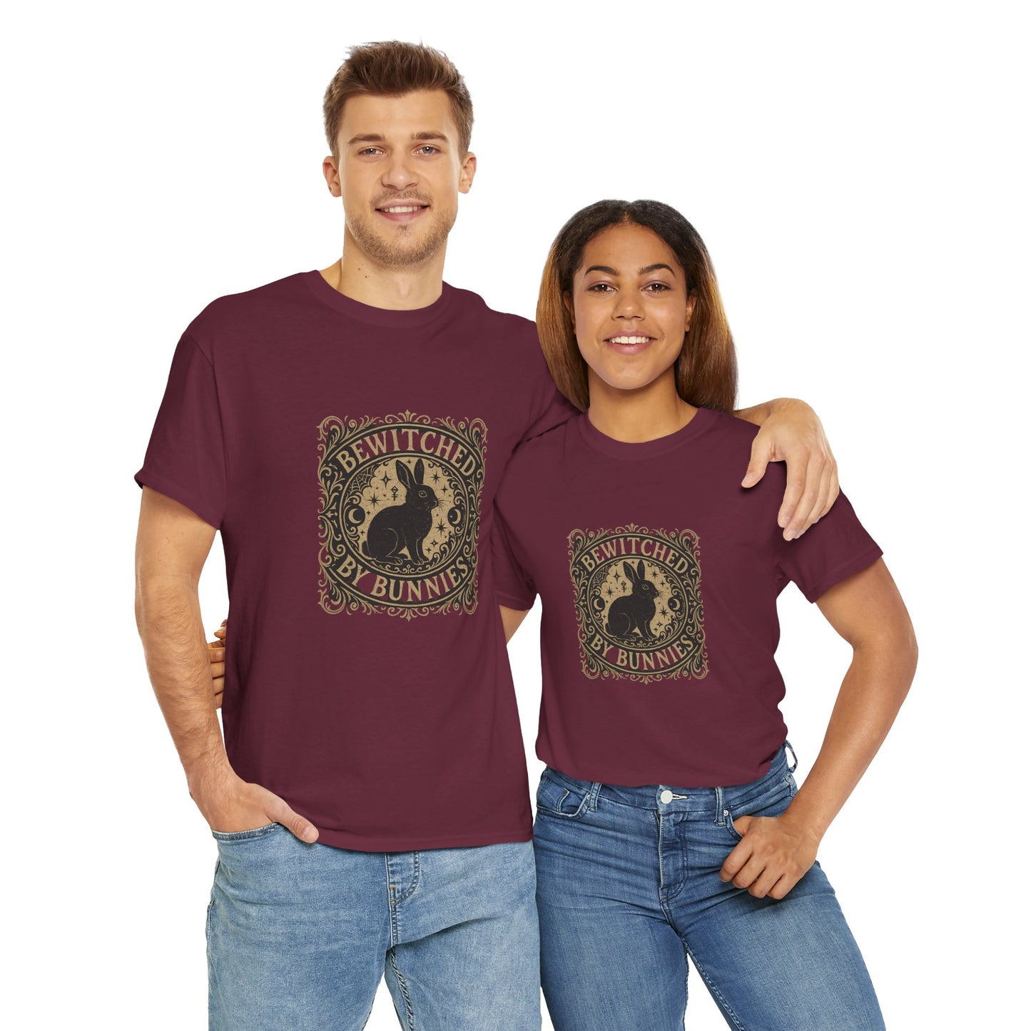Bewitched by Bunnies Unisex Heavy Cotton T-Shirt – Enchanted Rabbit Halloween & Fall Graphic Tee | Bunny Lovers Gift