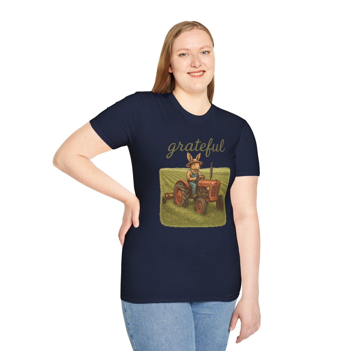 Grateful Acres Tractor Bunny Tee - Unisex Softstyle T-Shirt - Country Apparel - Farm Life Tee - Gift for Farmers & Rabbit Owners