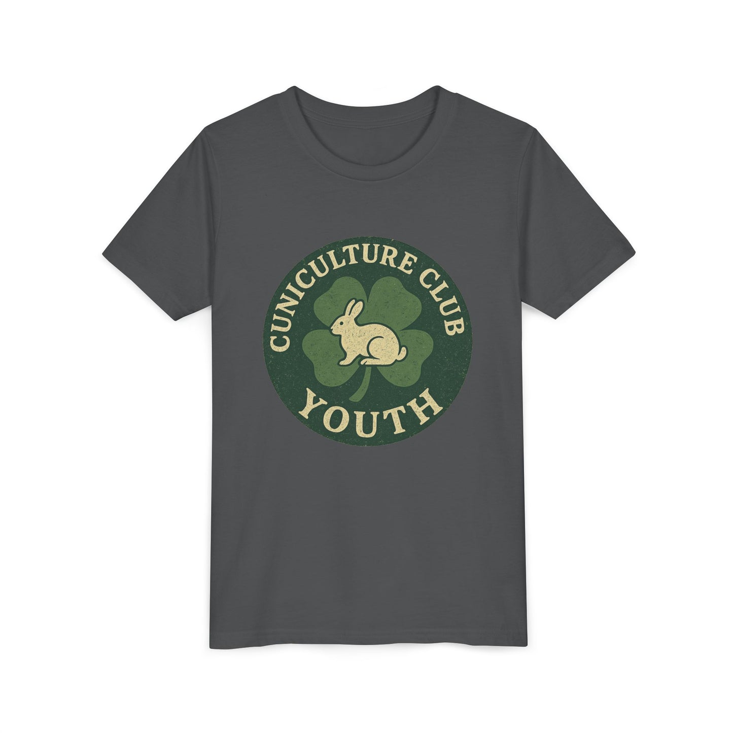Cuniculture Club Youth Unisex T-Shirt – Distressed Clover & Bunny Emblem Tee - Fun Farm Kids Rabbit Club Shirt