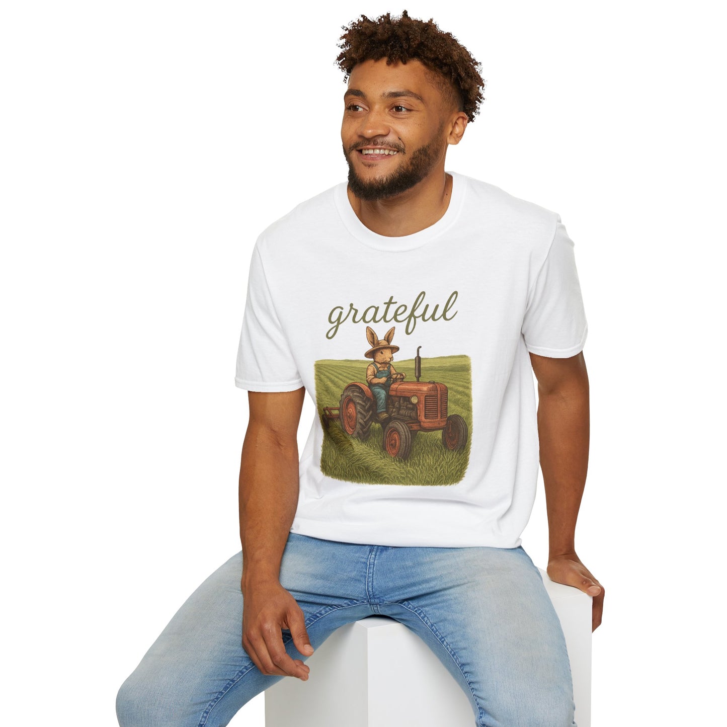 Grateful Acres Tractor Bunny Tee - Unisex Softstyle T-Shirt - Country Apparel - Farm Life Tee - Gift for Farmers & Rabbit Owners