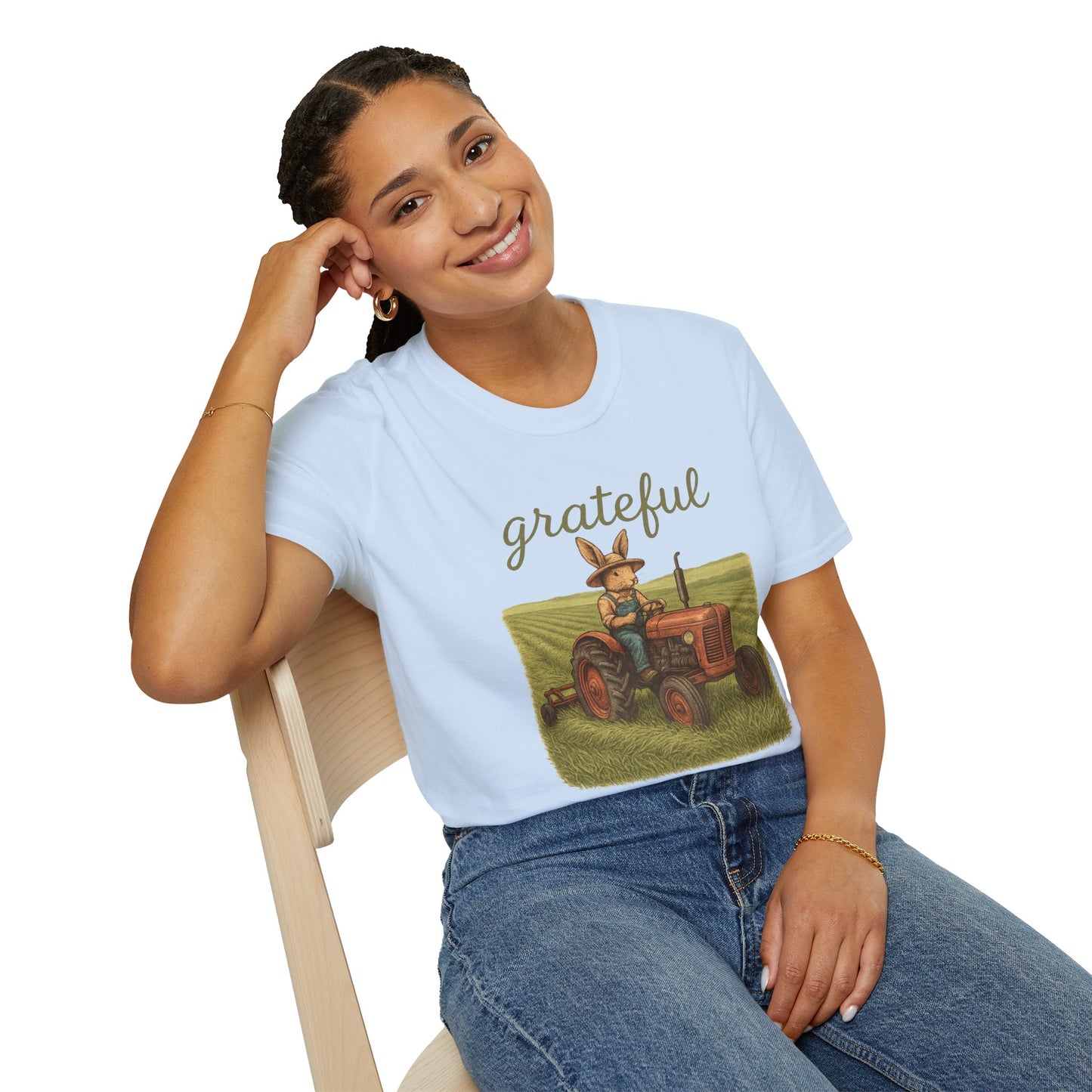 Grateful Acres Tractor Bunny Tee - Unisex Softstyle T-Shirt - Country Apparel - Farm Life Tee - Gift for Farmers & Rabbit Owners