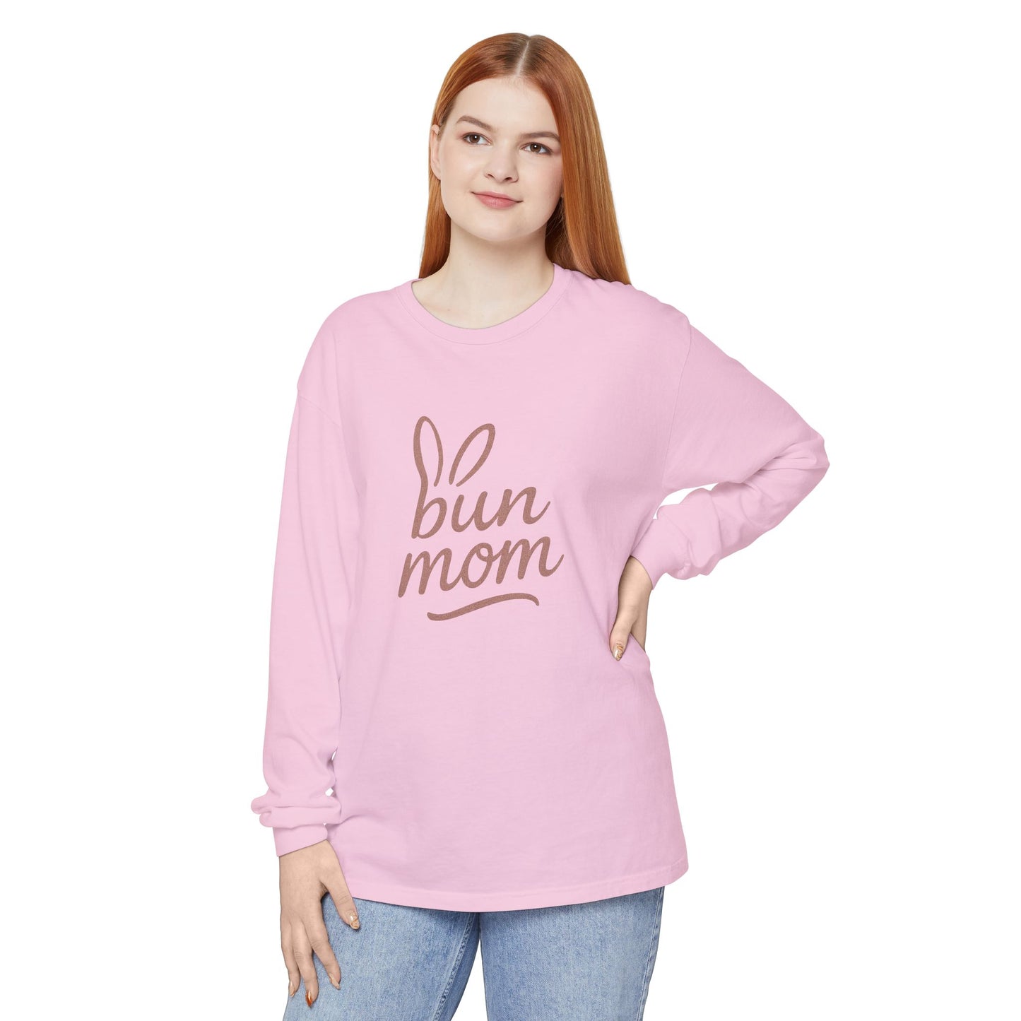 Bun Mom Long Sleeve T-Shirt | Rabbit Ears Vintage Dusty Rose Ink Script Tee - Bunny Lovers Gift Idea