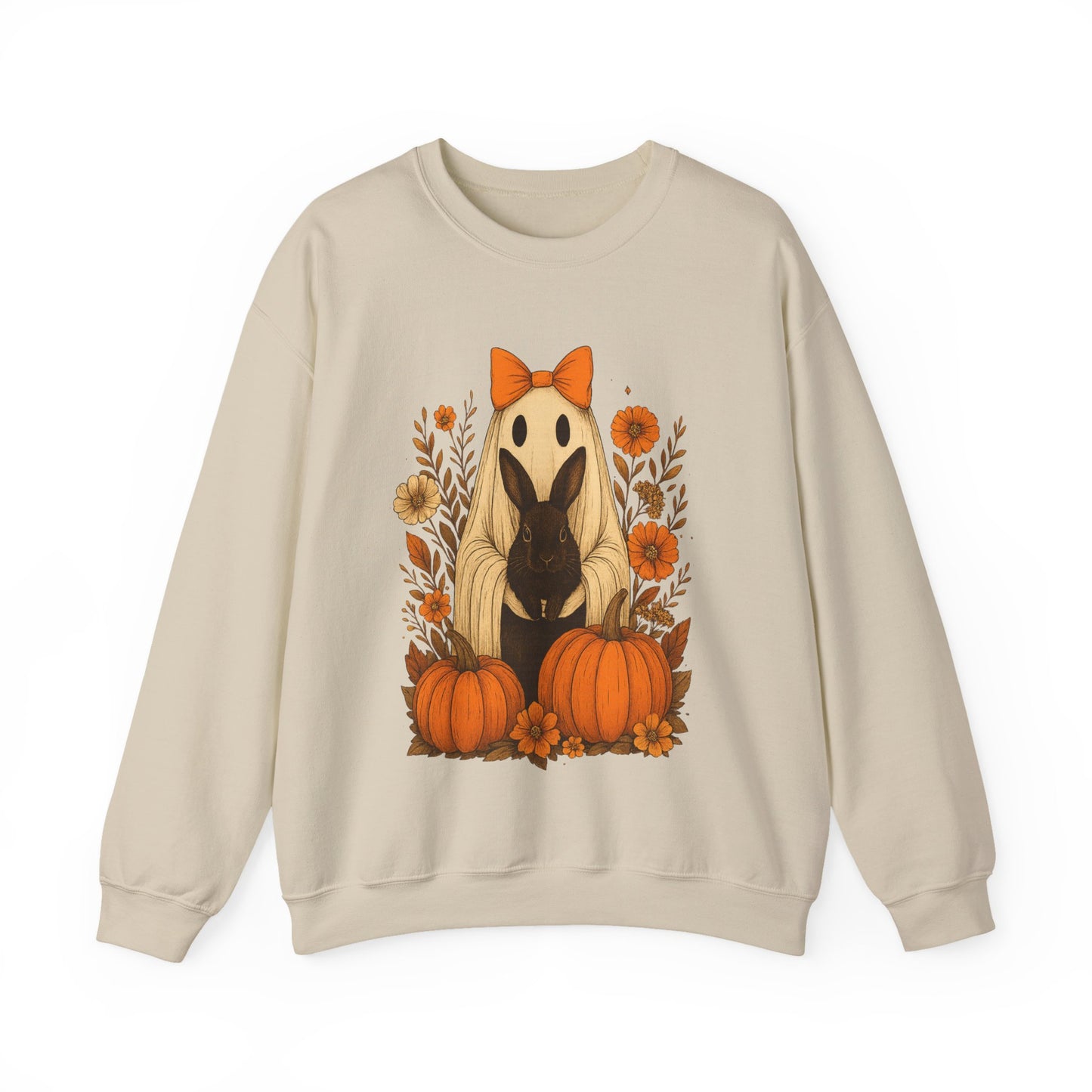 Vintage Black Rabbit with Pumpkins & Florals - Ghostly Garden Bunny Halloween Sweatshirt – Autumn Ghost Crewneck - Cozy Cute Gift