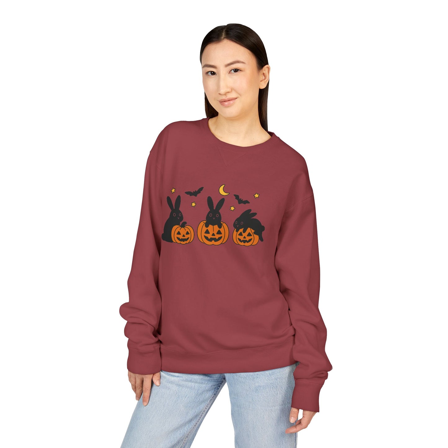 Pumpkin Patch Bunnies Halloween Sweatshirt – Rabbit & Jack-o’-Lantern Crewneck | Cozy Fall Fashion Unisex Apparel - Spooky Season Gift