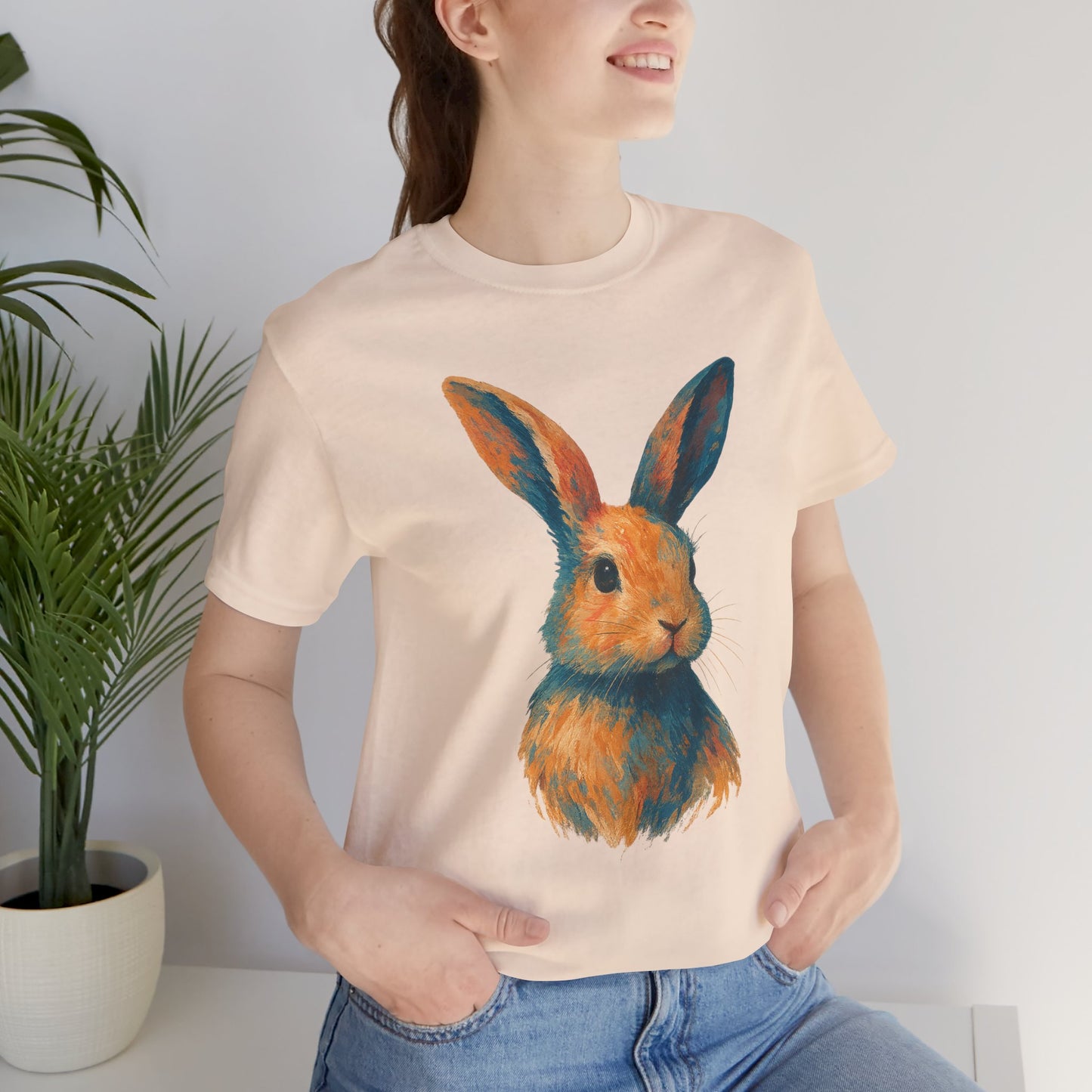Golden Hour Bunny Unisex Short Sleeve Shirt – Painterly Rabbit Portrait T-Shirt - Artistic Graphic Tee for Animal Lovers - Unique Artwork