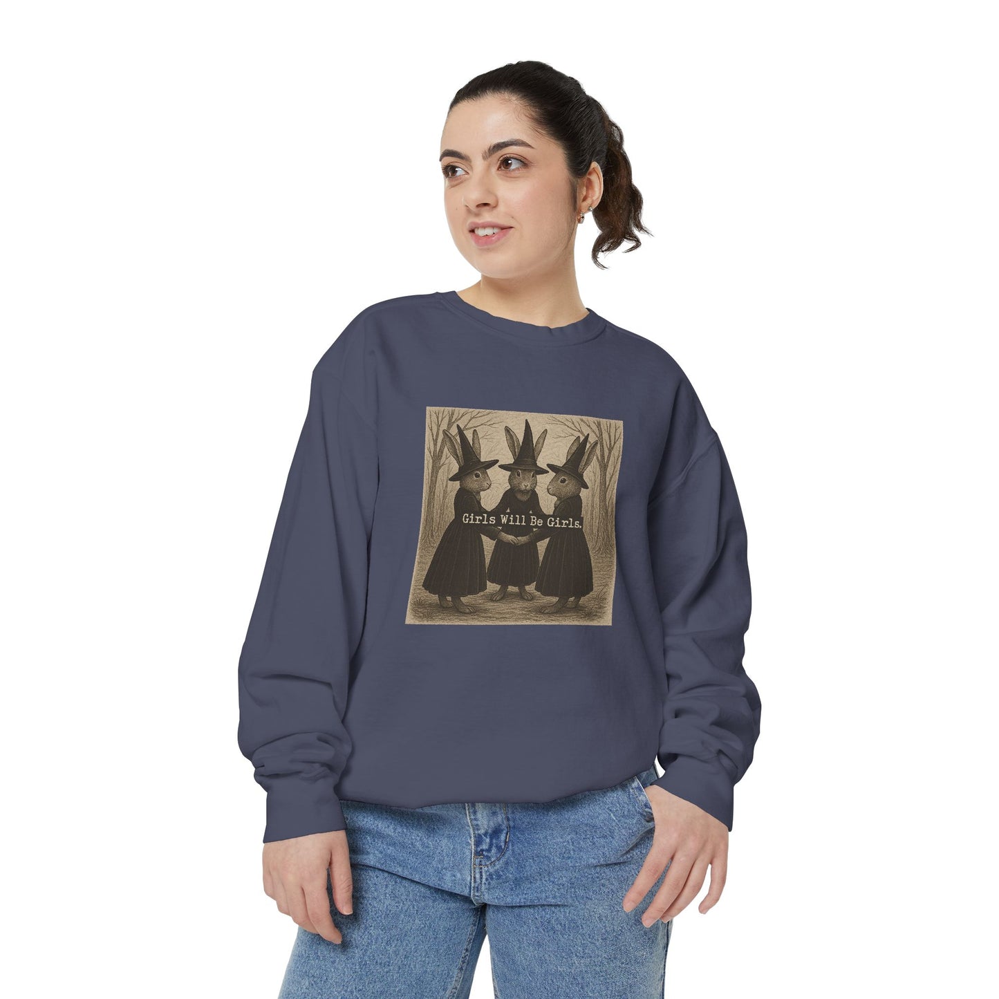 Girls Will Be Girls Rabbit Witch Circle – Garment-Dyed Bunny Sweatshirt | Halloween & Fall Collection