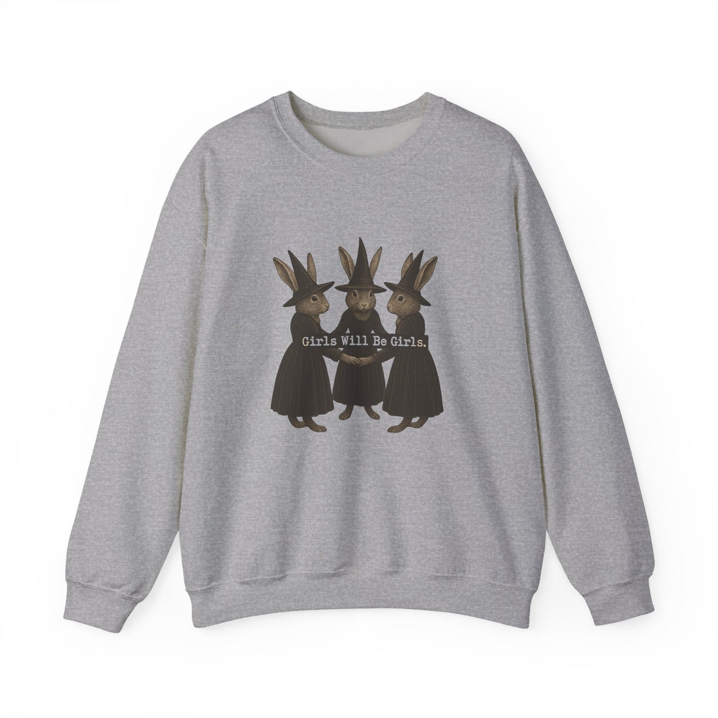 Girls Will Be Girls Witchy Rabbit Sweatshirt | Whimsical Bunny Witch Sisterhood Crewneck - Halloween & Fall Collection