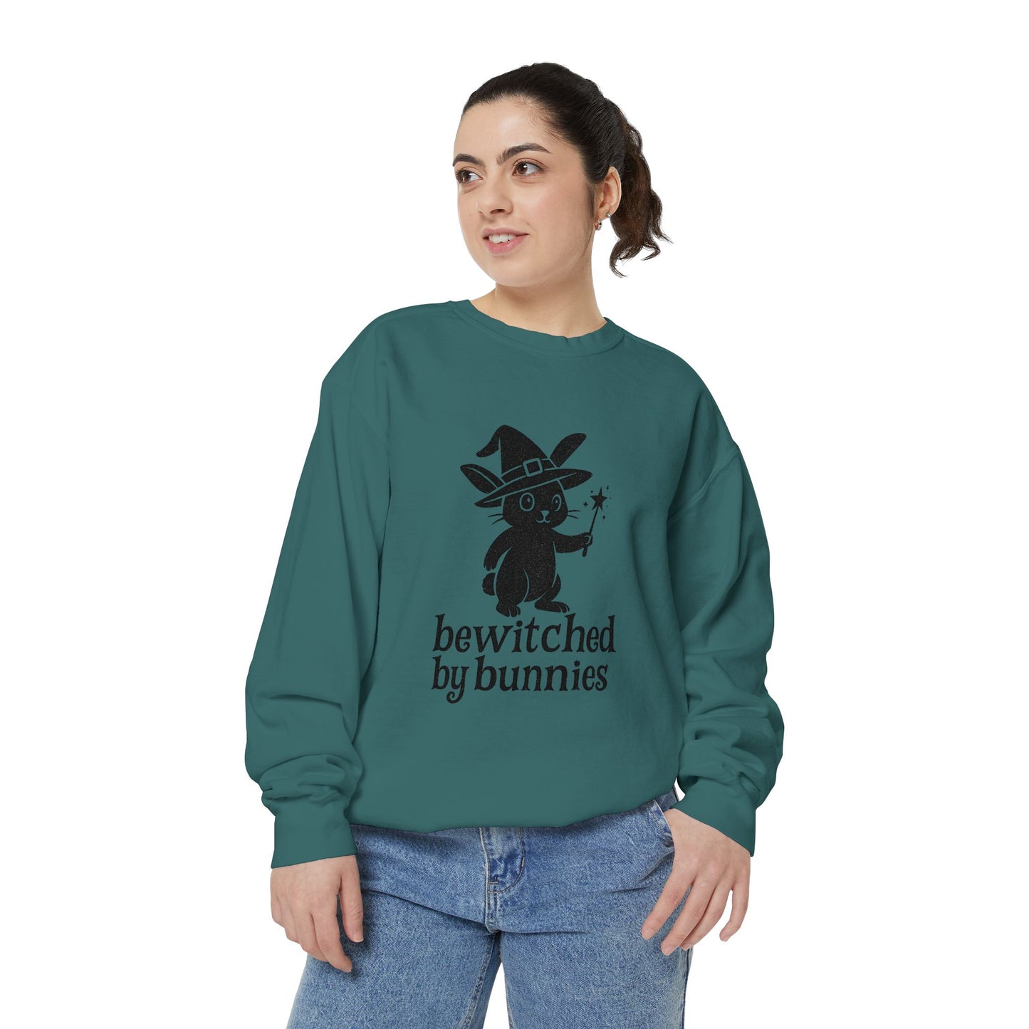 Bewitched by Bunnies Unisex Sweatshirt – Cozy Fall Rabbit Witch Pullover for Fall Festivities - Halloween Gift