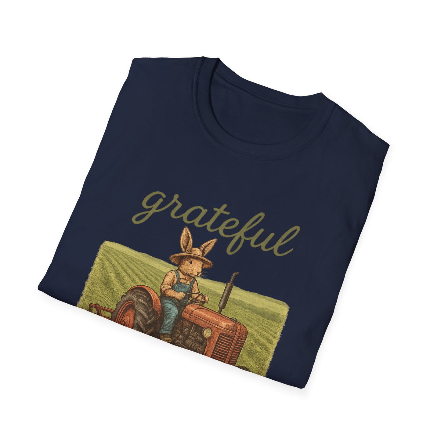 Grateful Acres Tractor Bunny Tee - Unisex Softstyle T-Shirt - Country Apparel - Farm Life Tee - Gift for Farmers & Rabbit Owners