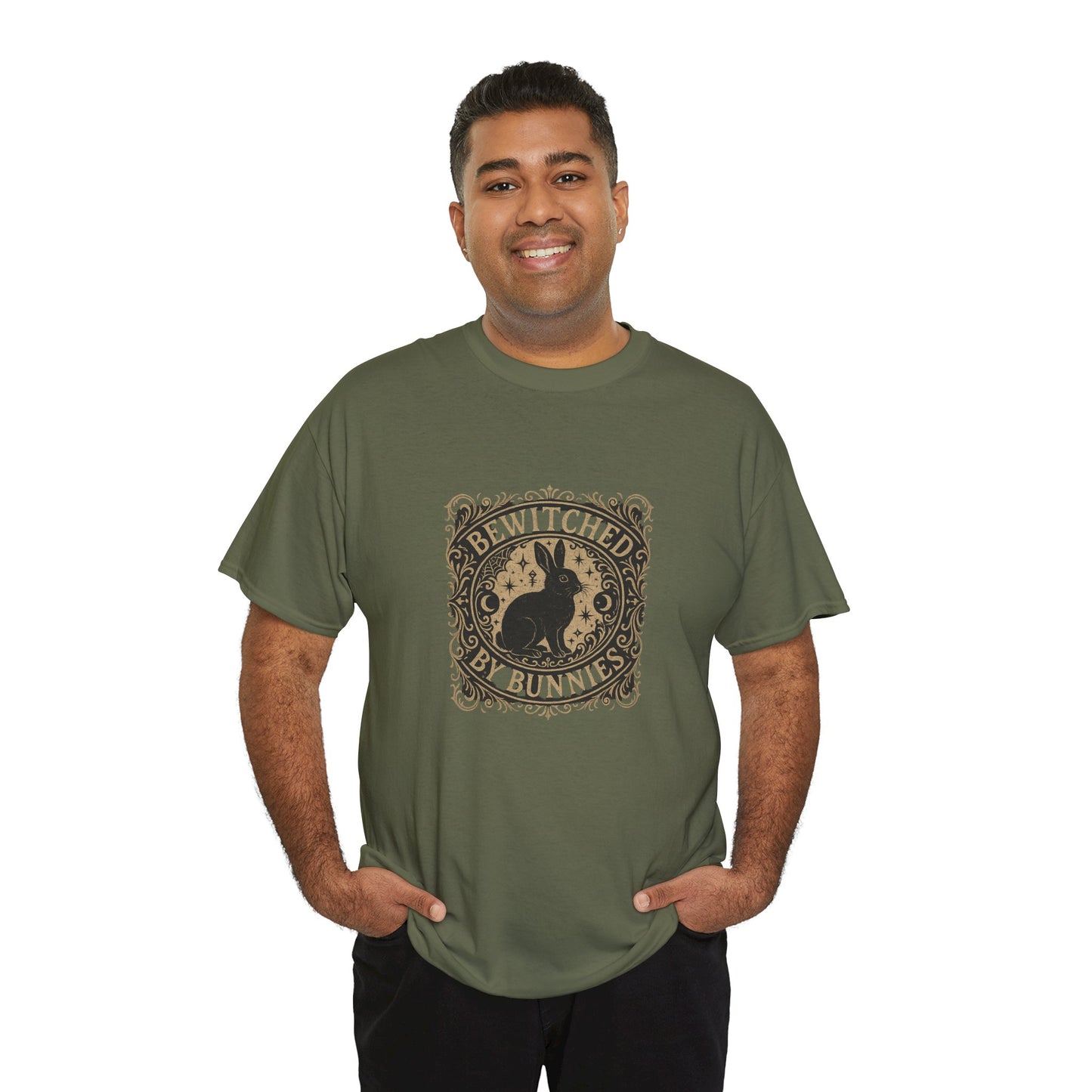 Bewitched by Bunnies Unisex Heavy Cotton T-Shirt – Enchanted Rabbit Halloween & Fall Graphic Tee | Bunny Lovers Gift