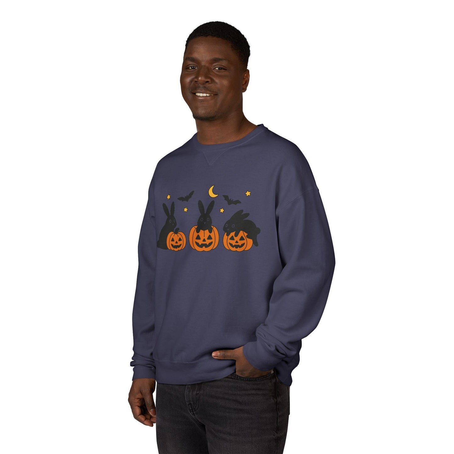 Pumpkin Patch Bunnies Halloween Sweatshirt – Rabbit & Jack-o’-Lantern Crewneck | Cozy Fall Fashion Unisex Apparel - Spooky Season Gift