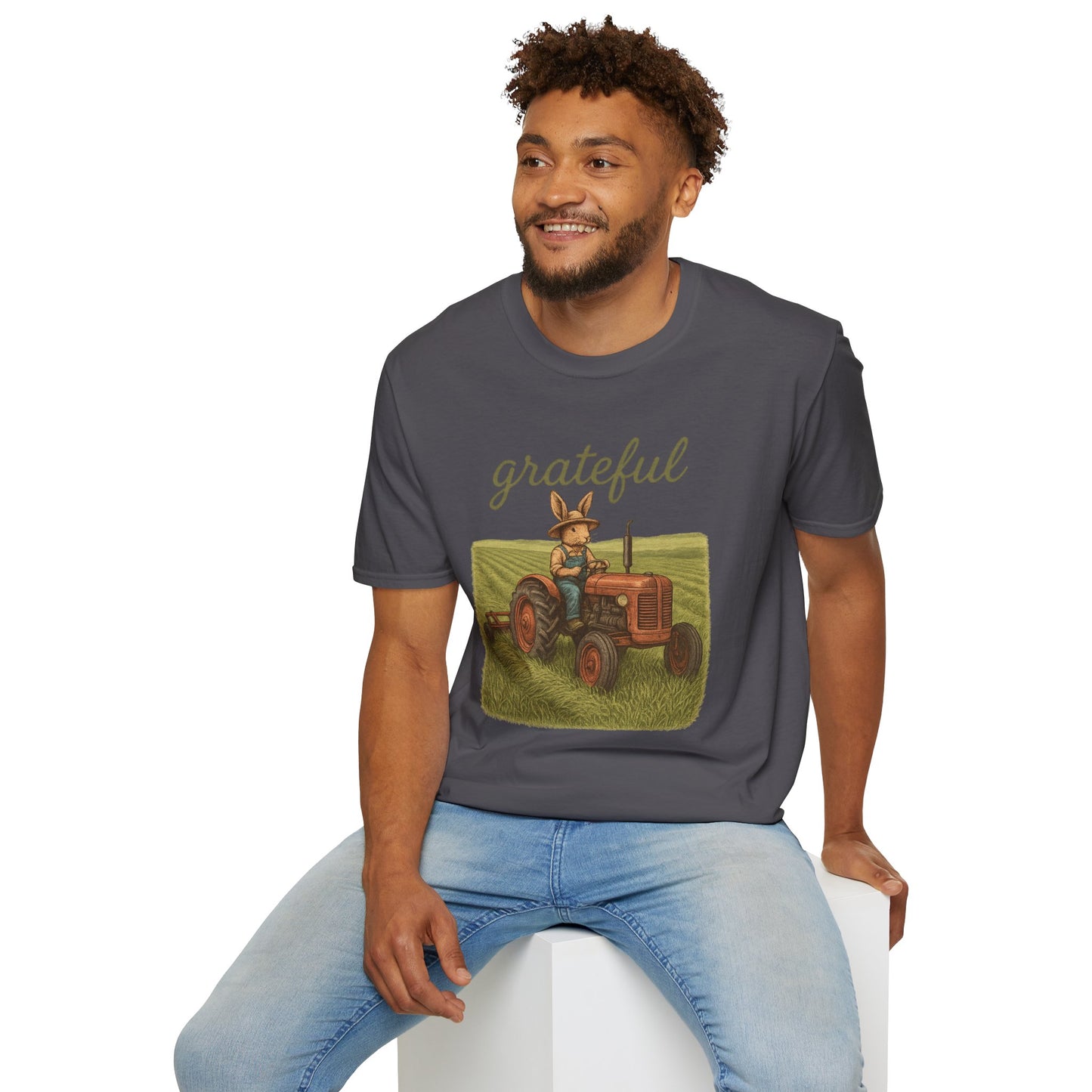 Grateful Acres Tractor Bunny Tee - Unisex Softstyle T-Shirt - Country Apparel - Farm Life Tee - Gift for Farmers & Rabbit Owners