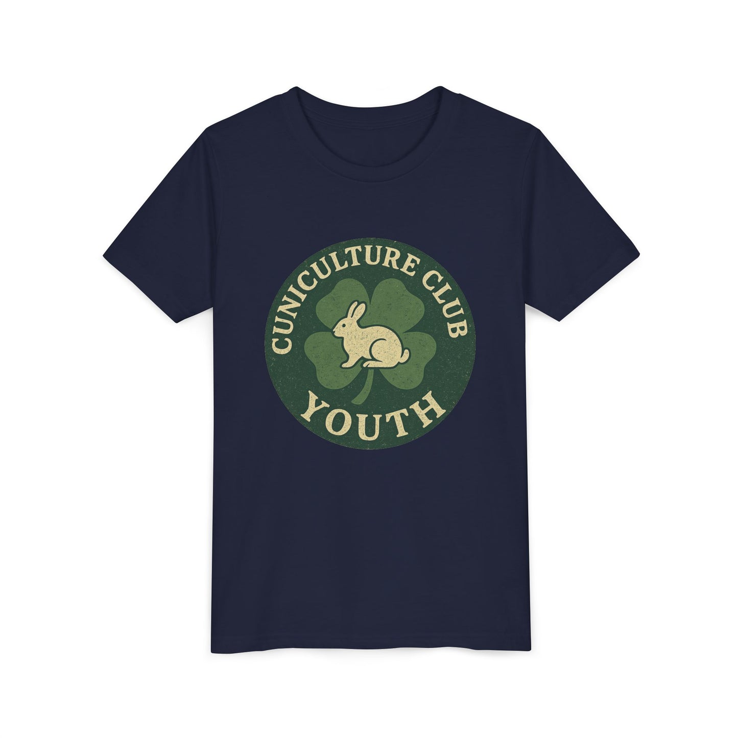 Cuniculture Club Youth Unisex T-Shirt – Distressed Clover & Bunny Emblem Tee - Fun Farm Kids Rabbit Club Shirt