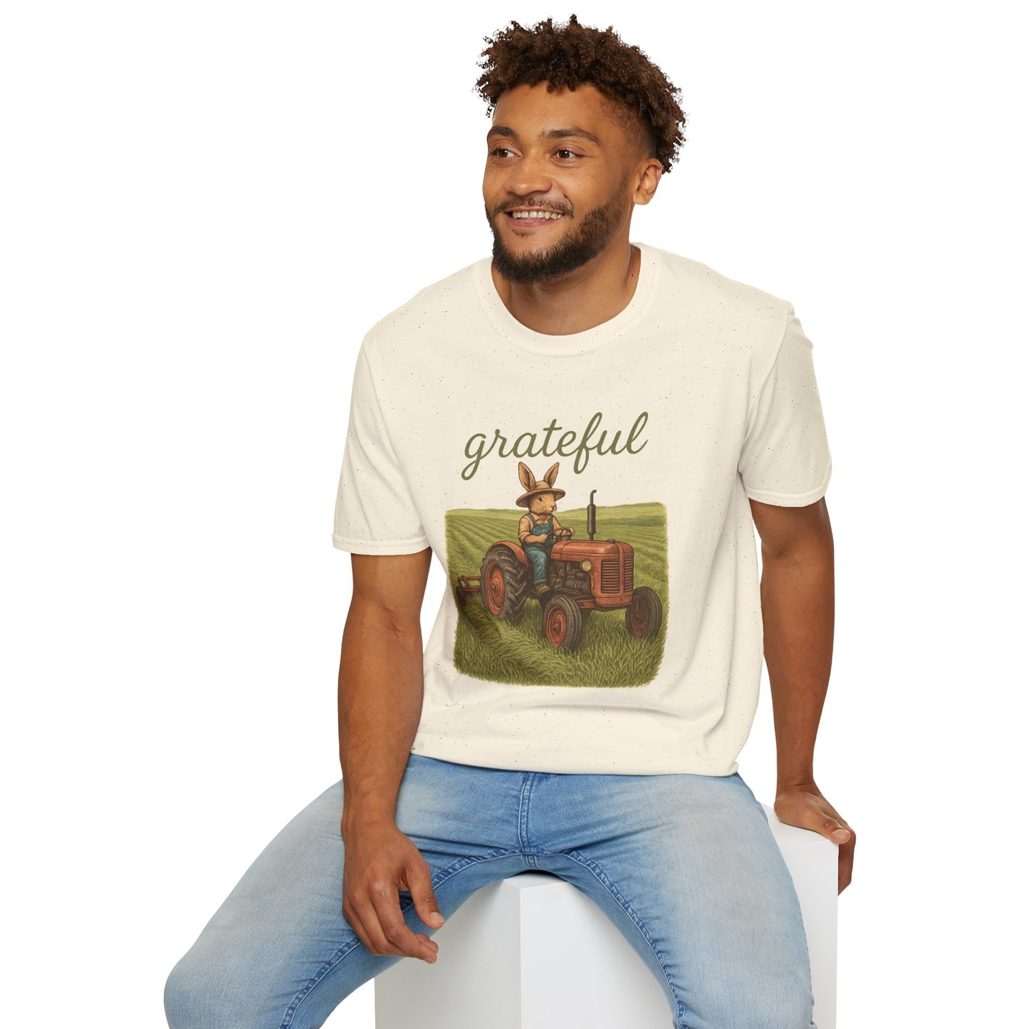 Grateful Acres Tractor Bunny Tee - Unisex Softstyle T-Shirt - Country Apparel - Farm Life Tee - Gift for Farmers & Rabbit Owners