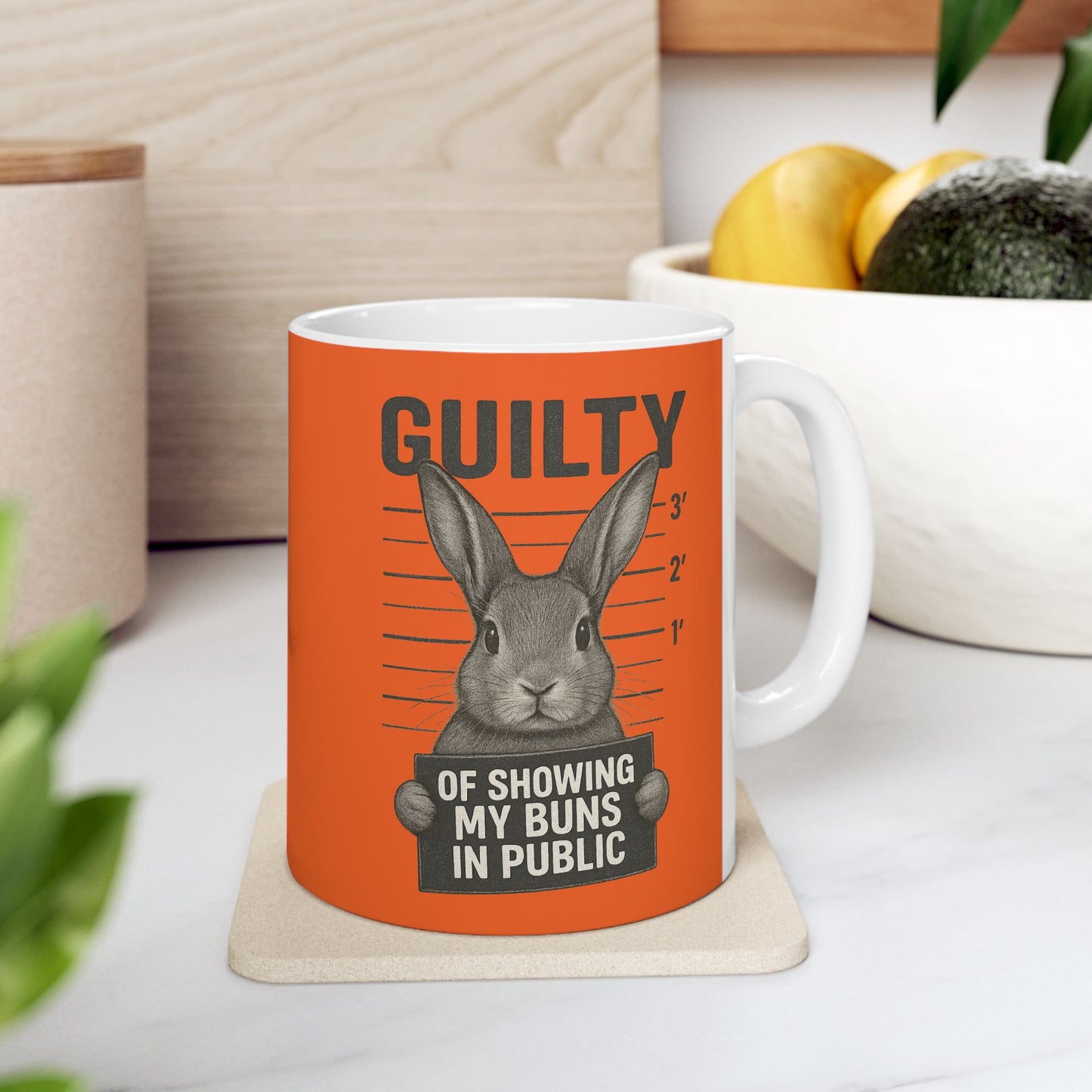 Guilty of Showing My Buns in Public with Orange Background Ceramic Mug - Gift for Coffee Lovers & Rabbit Show Exhibitors - Two Sizes: 11 oz & 15 oz
