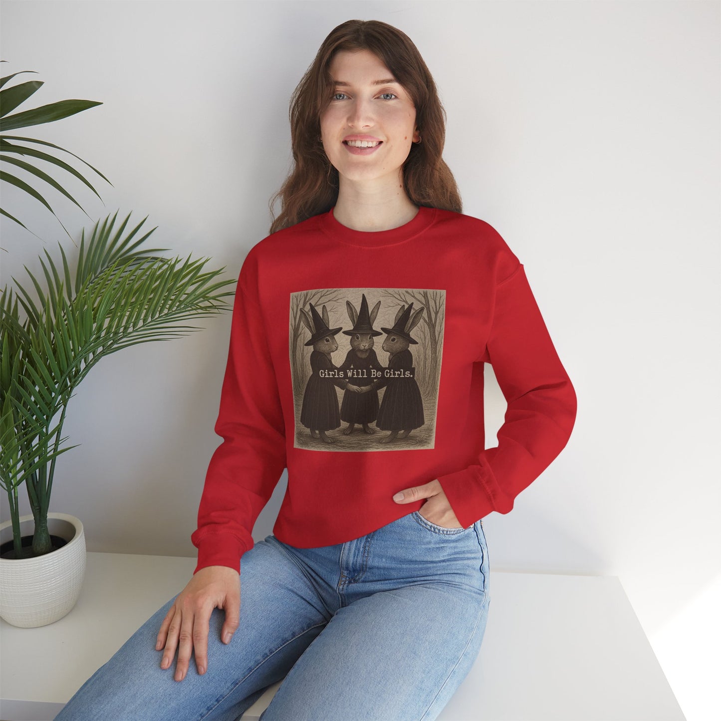 Girls Will Be Girls – Witchy Rabbit Crewneck Sweatshirt | Cozy Whimsical Rabbit Sweatshirt for Girls & Women - Halloween & Fall Collection