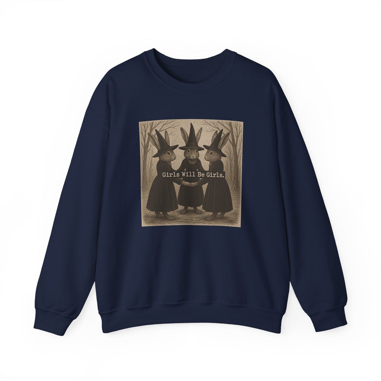 Girls Will Be Girls – Witchy Rabbit Crewneck Sweatshirt | Cozy Whimsical Rabbit Sweatshirt for Girls & Women - Halloween & Fall Collection