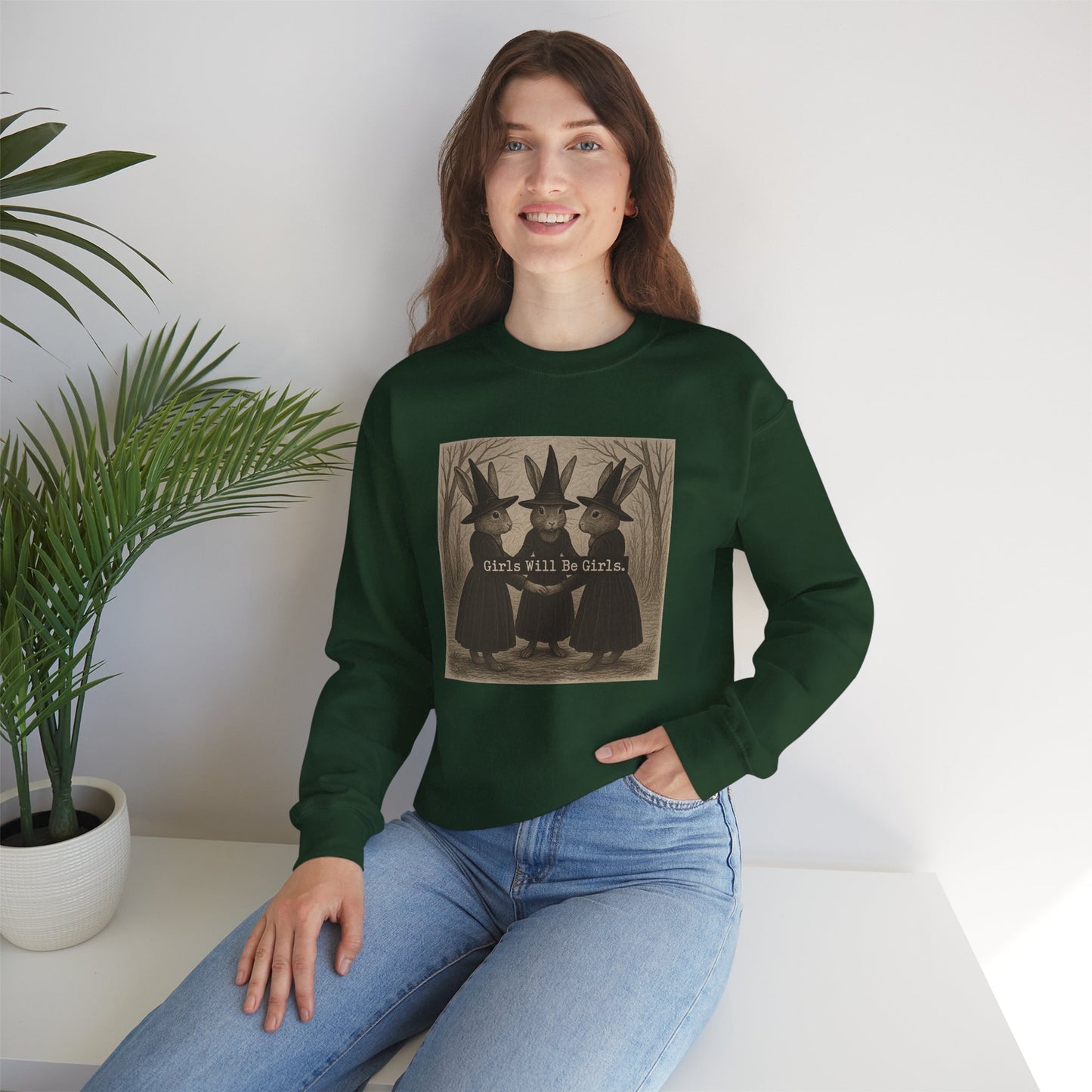 Girls Will Be Girls – Witchy Rabbit Crewneck Sweatshirt | Cozy Whimsical Rabbit Sweatshirt for Girls & Women - Halloween & Fall Collection