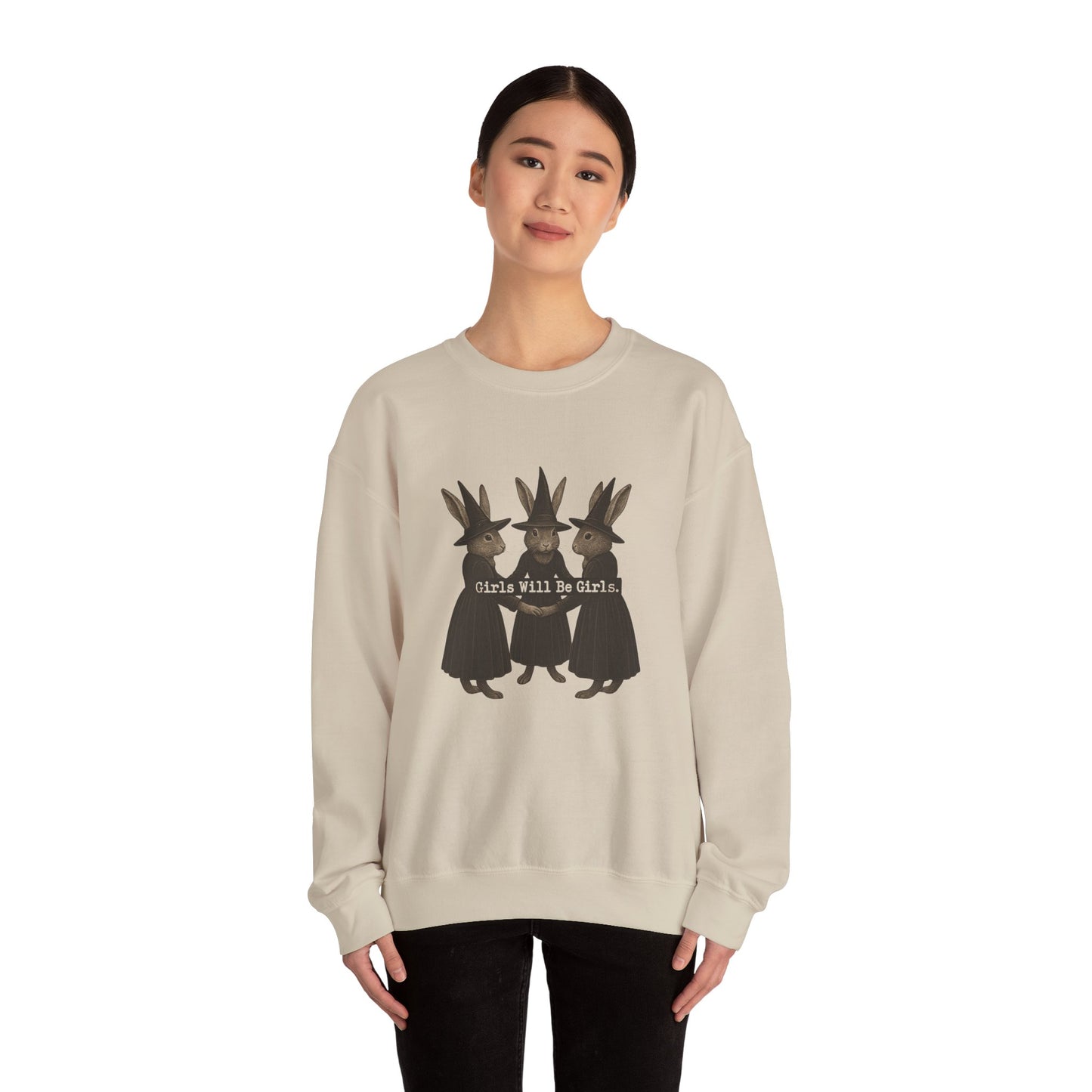 Girls Will Be Girls Witchy Rabbit Sweatshirt | Whimsical Bunny Witch Sisterhood Crewneck - Halloween & Fall Collection