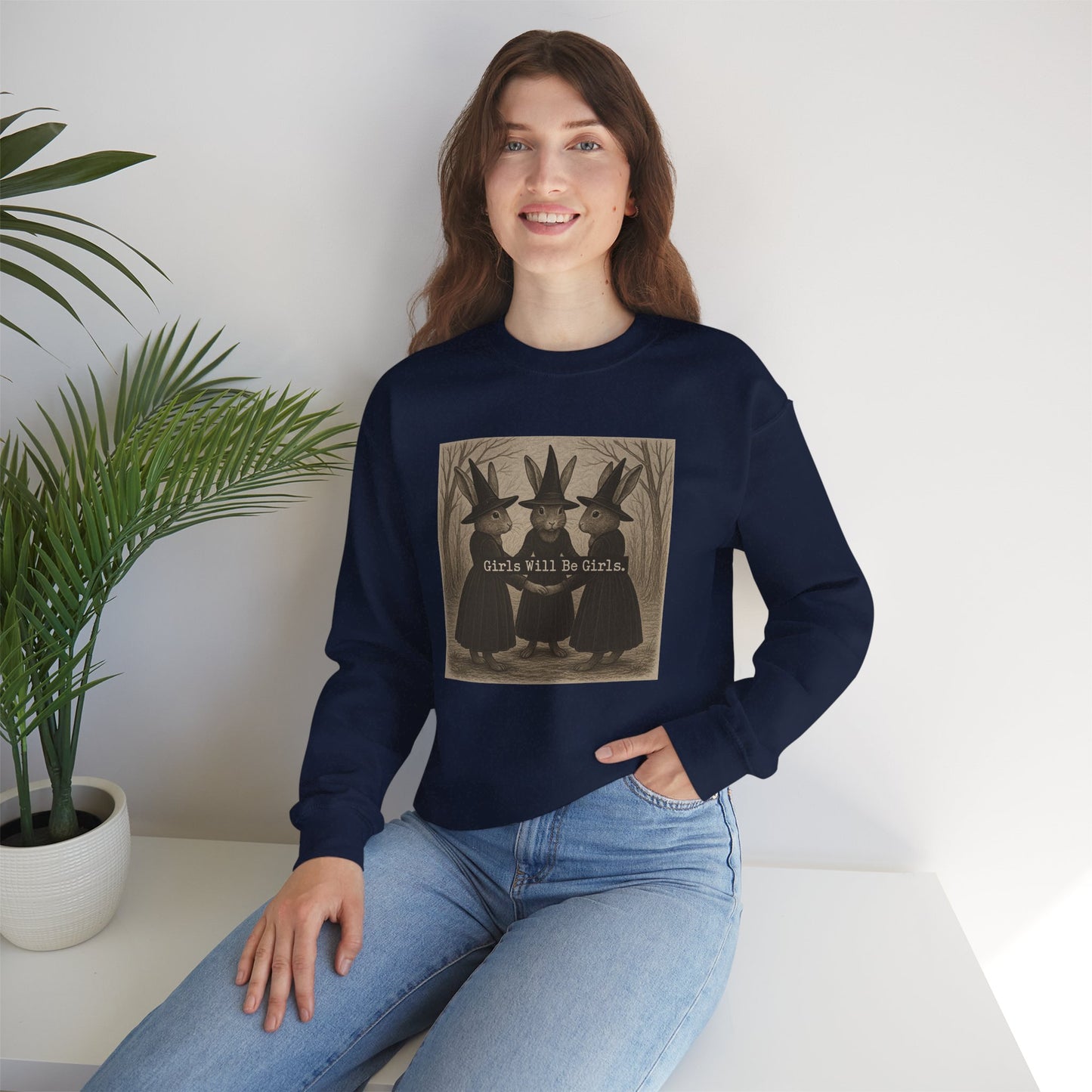 Girls Will Be Girls – Witchy Rabbit Crewneck Sweatshirt | Cozy Whimsical Rabbit Sweatshirt for Girls & Women - Halloween & Fall Collection