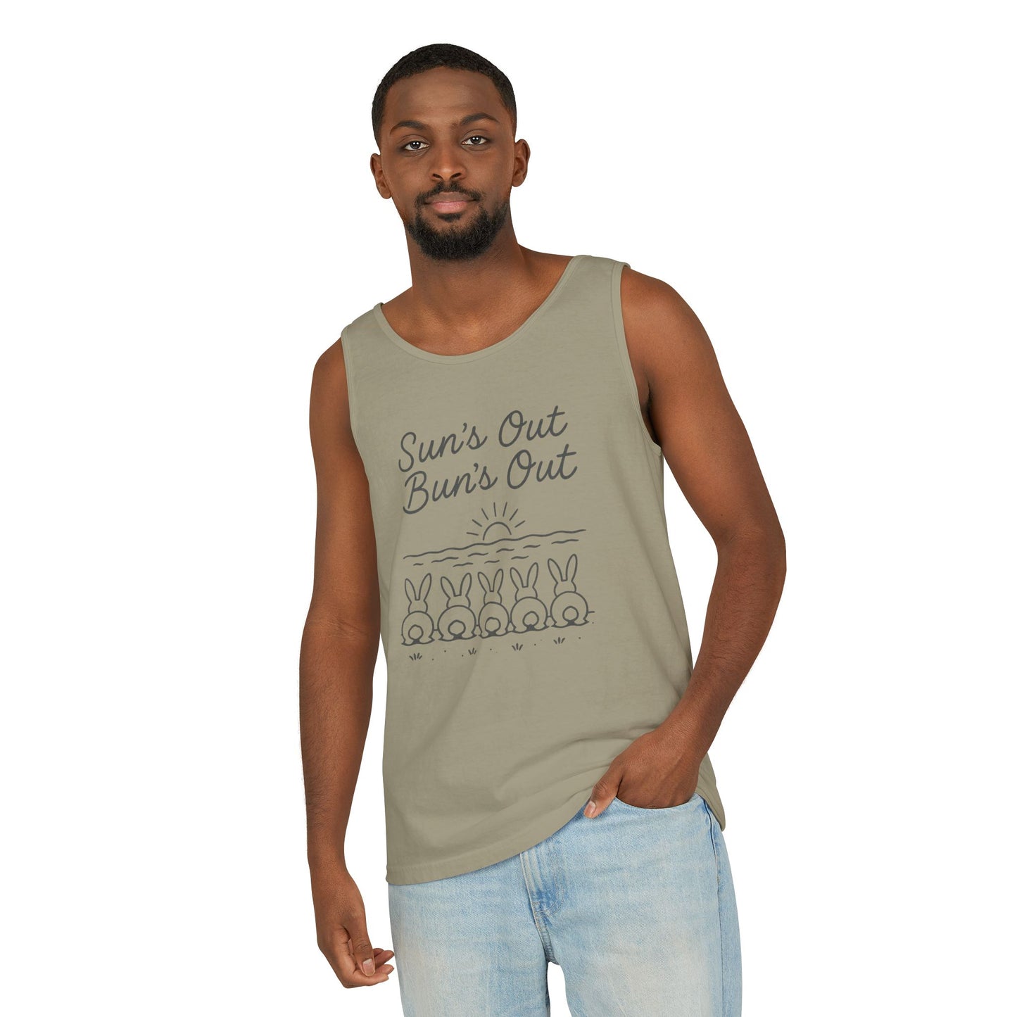 Sun's Out, Bun’s Out Tank Top – Funny Bunny Bums Summer Tee - Unisex Garment-Dyed | Beach Vibes - Vacation Apparel